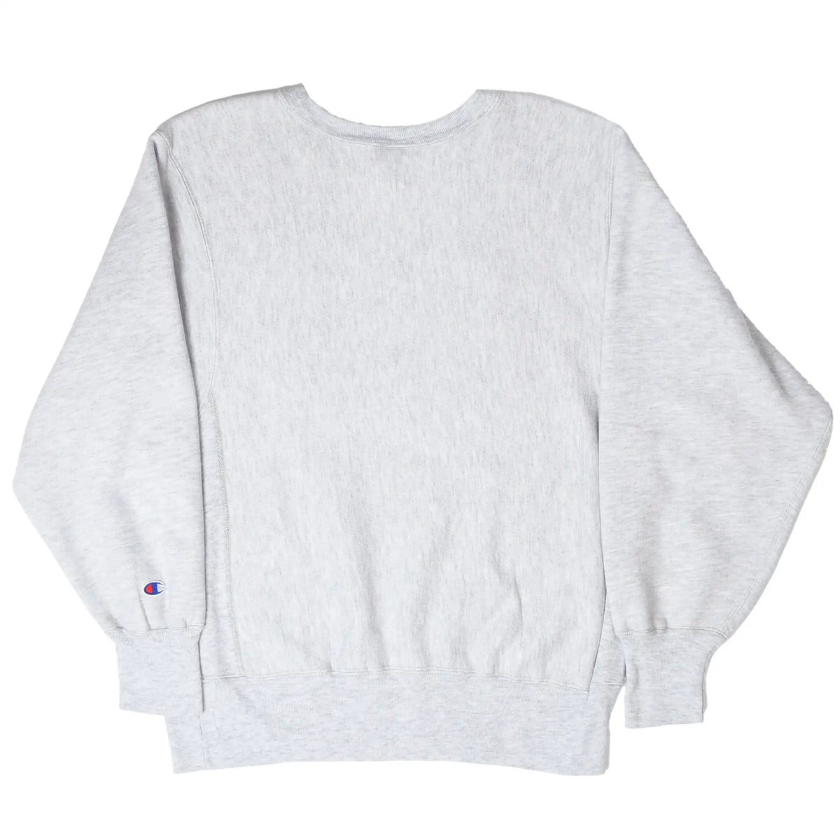 Back of gray Champion Reverse Weave sweatshirt with logo patch on sleeve