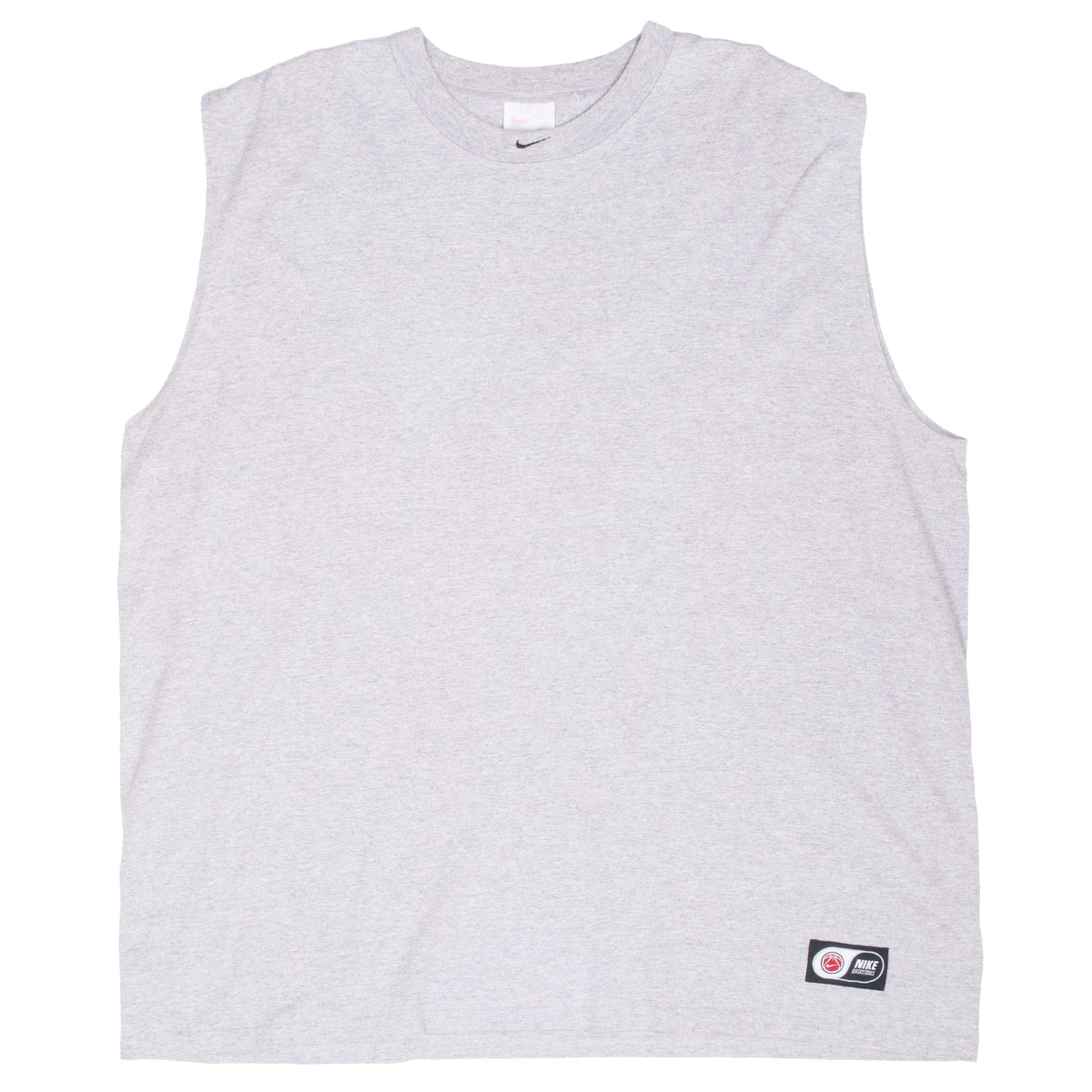 Front view of grey Nike sleeveless shirt with logo patch near the lower hem