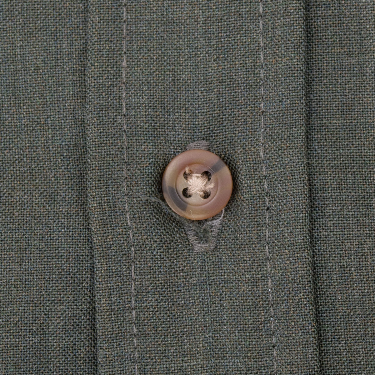 Close-up of brown-toned button and buttonhole stitching on green wool fabric