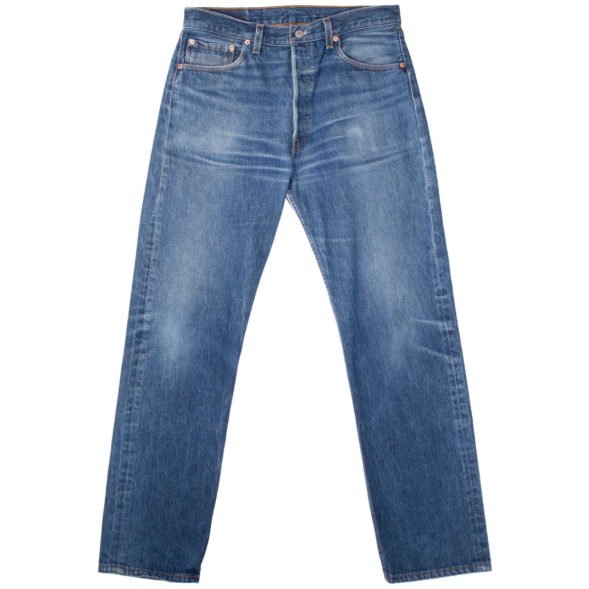 Vintage Levis 501 Indigo Jeans 1980S Size 34X33 Made In Usa With A Medium Wash With Light Whiskers
Size on Tag is 35X36 Actual Size Is 34X33
Back button #524M