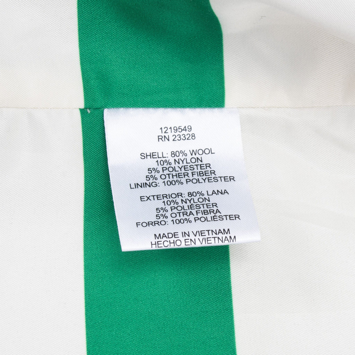 Pendleton coat care label listing shell and lining fiber content