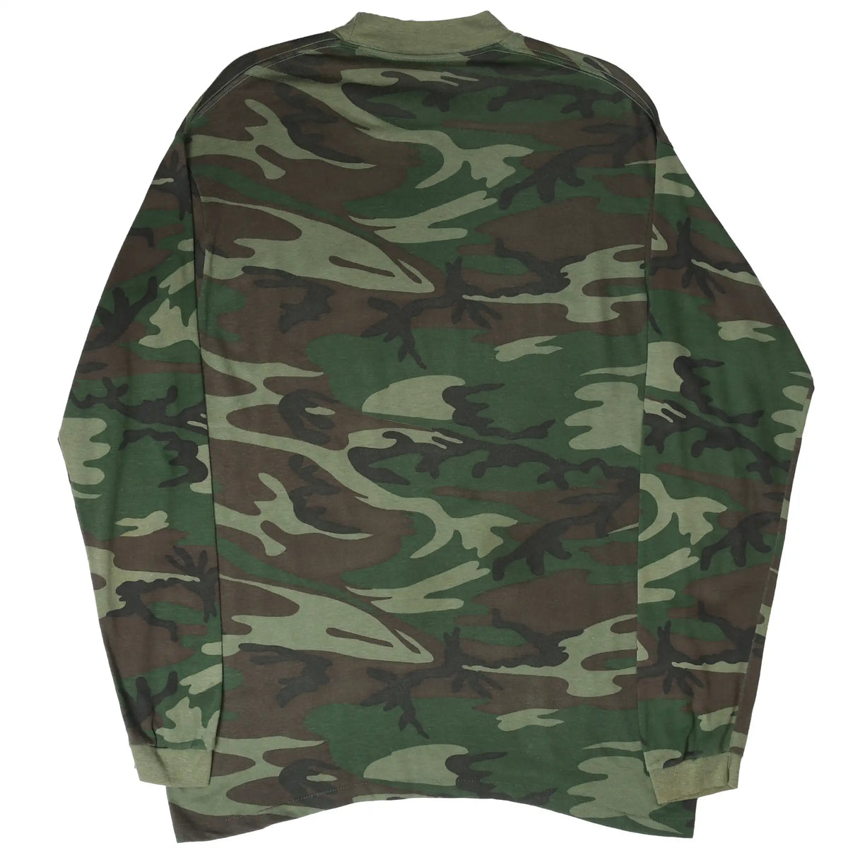 Back of woodland camouflage long-sleeve T-shirt in green, brown, and black
