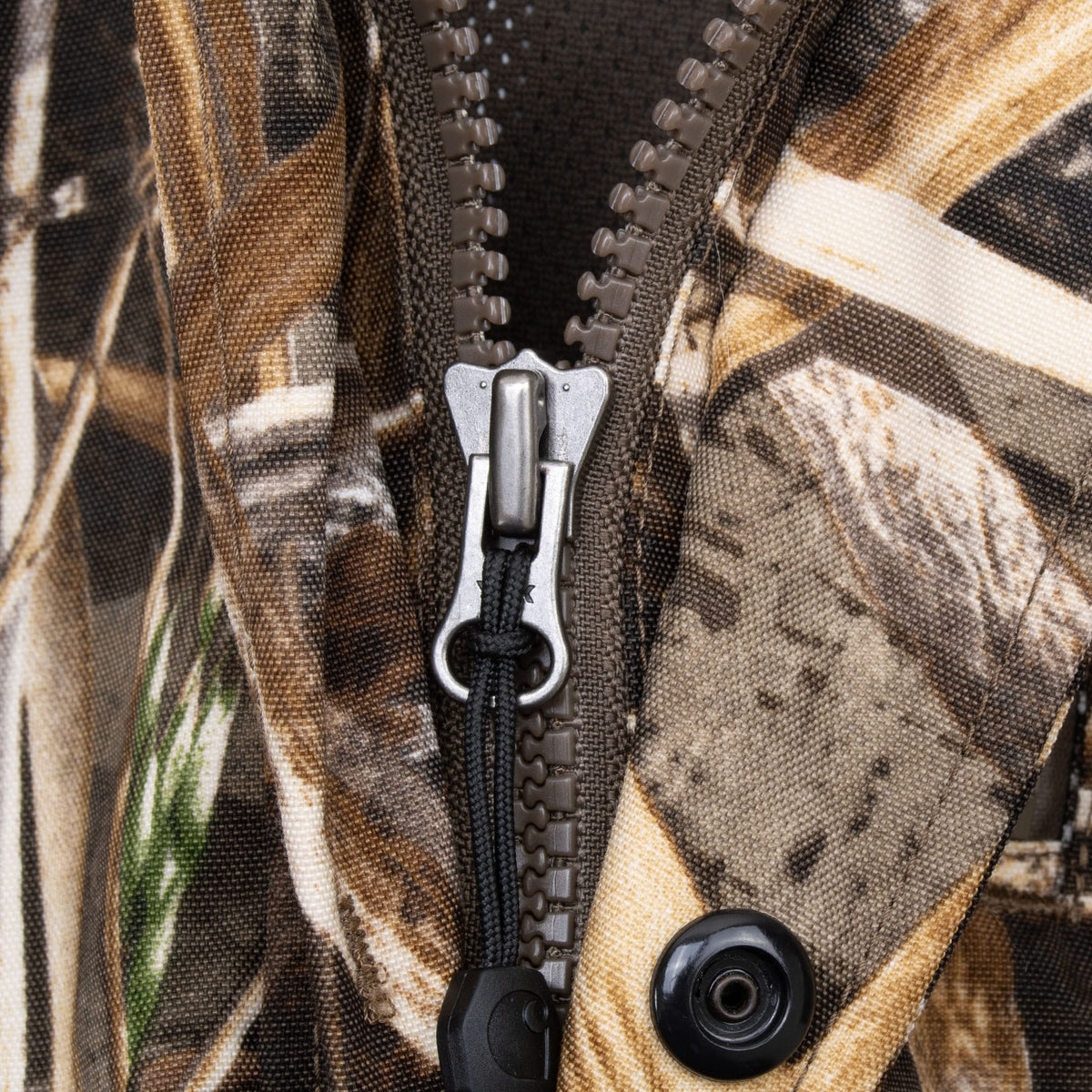 Close-up of front zipper and snap storm flap on camouflage parka