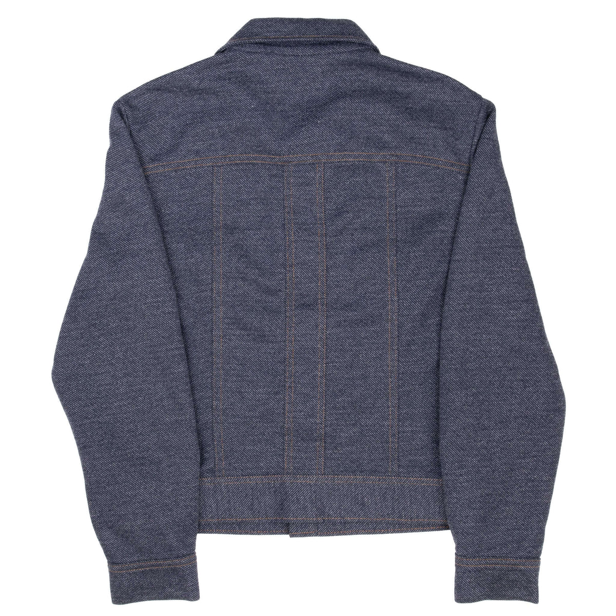 Back of dark blue Lee jacket with orange contrast stitching