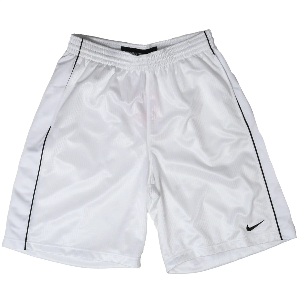 Front of white Nike basketball shorts with black piping and embroidered Swoosh
