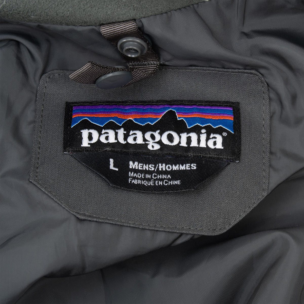 Patagonia neck label inside parka shell showing men's size L