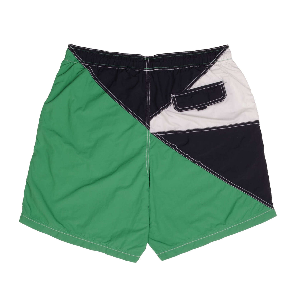 Back of Nautica green, navy, and white color-block swim trunks with flap pocket