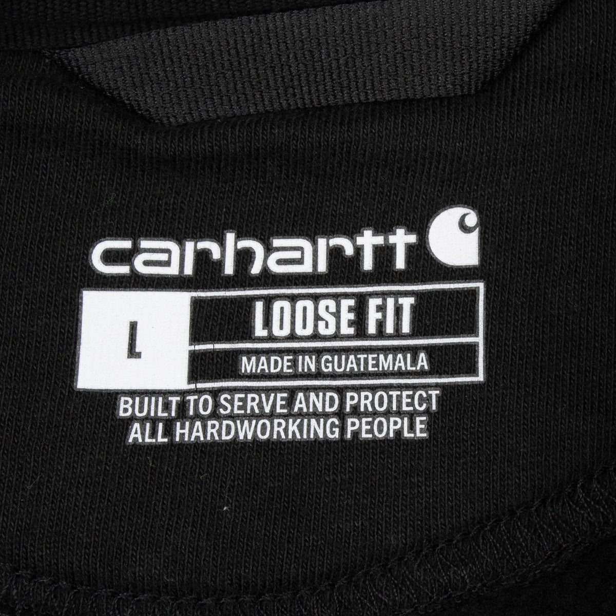 Carhartt Loose Fit size large printed neck label on black hoodie