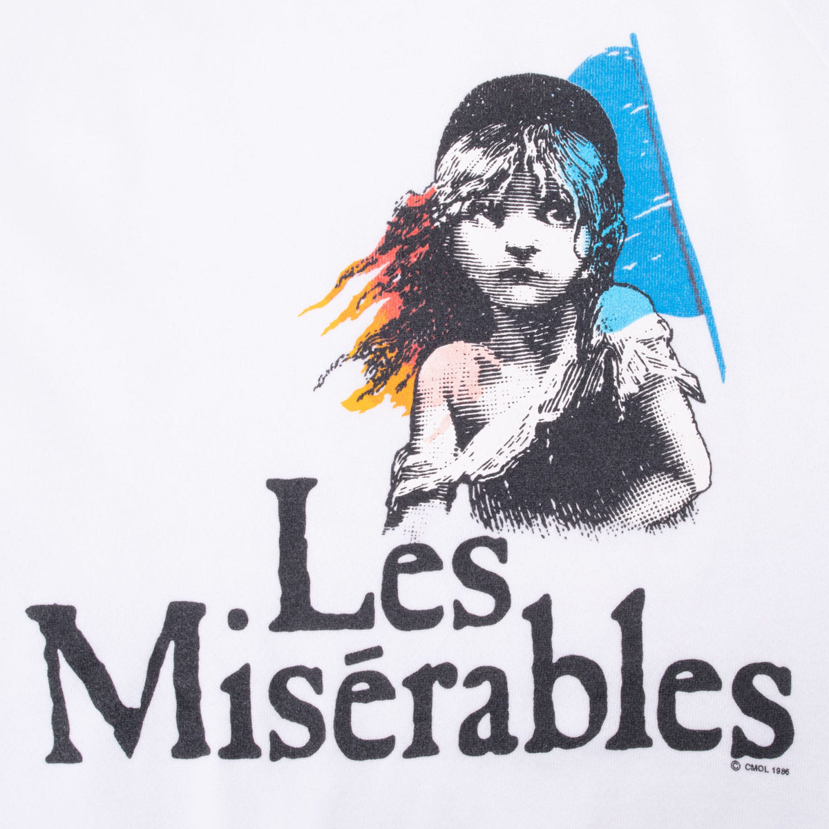 Close-up of Les Misérables character illustration and black title lettering