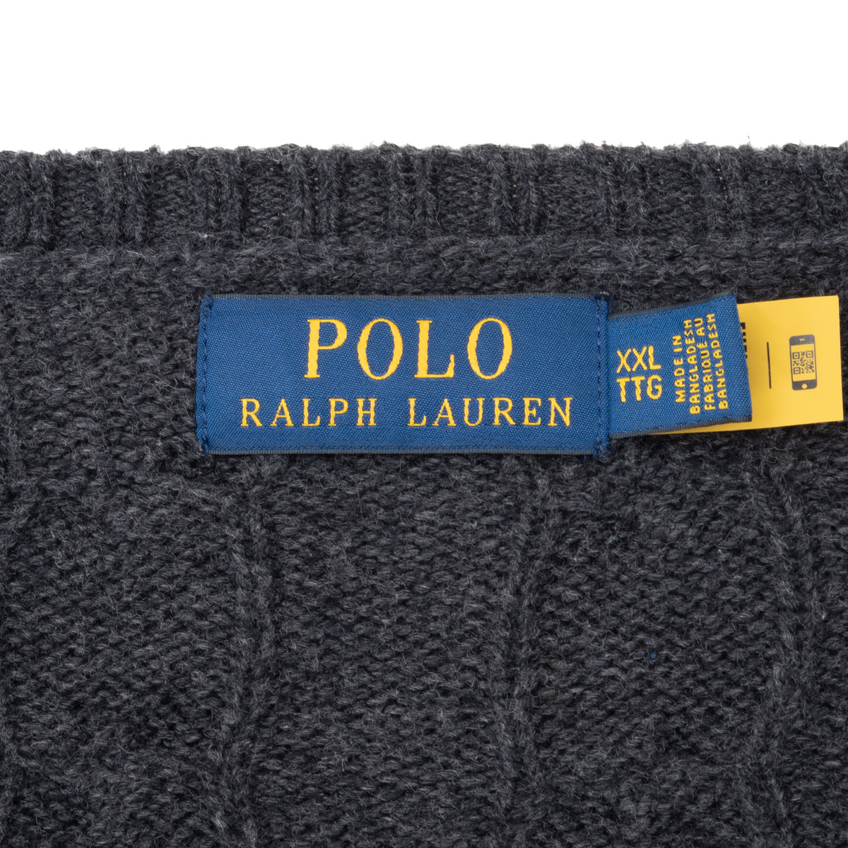 Polo Ralph Lauren neck label and XXL size tag inside dark grey sweater