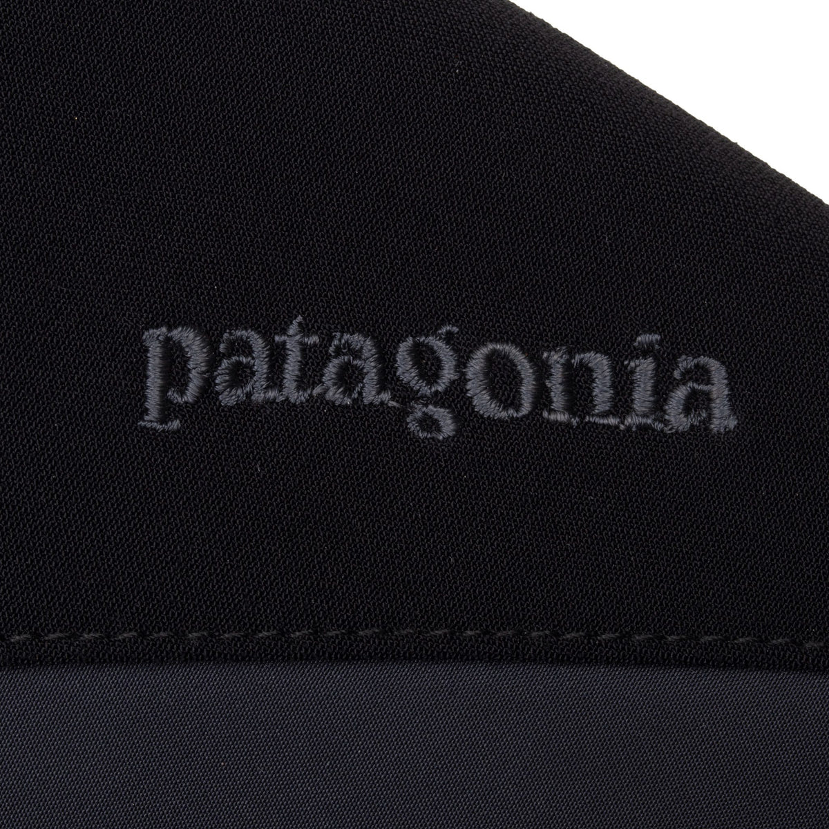 Close-up of embroidered Patagonia logo on the black rear waist panel