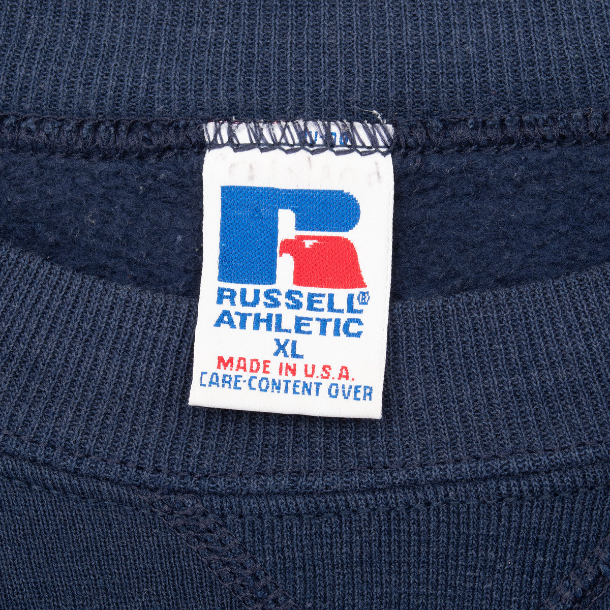 Russell Athletic XL Made in USA neck tag inside navy sweatshirt