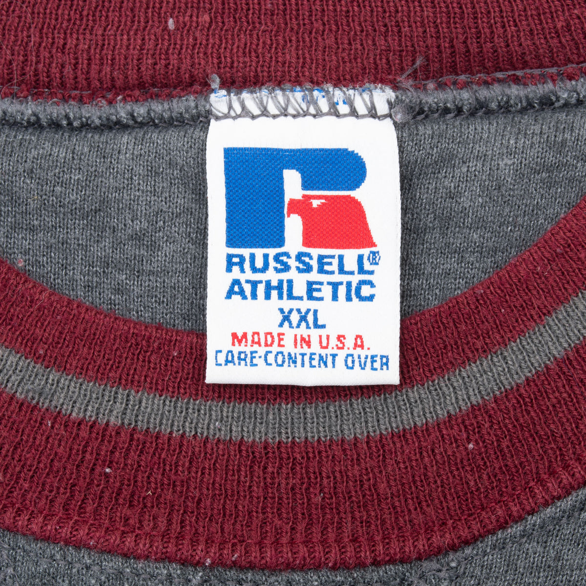 Russell Athletic XXL Made in USA neck tag and burgundy striped collar
