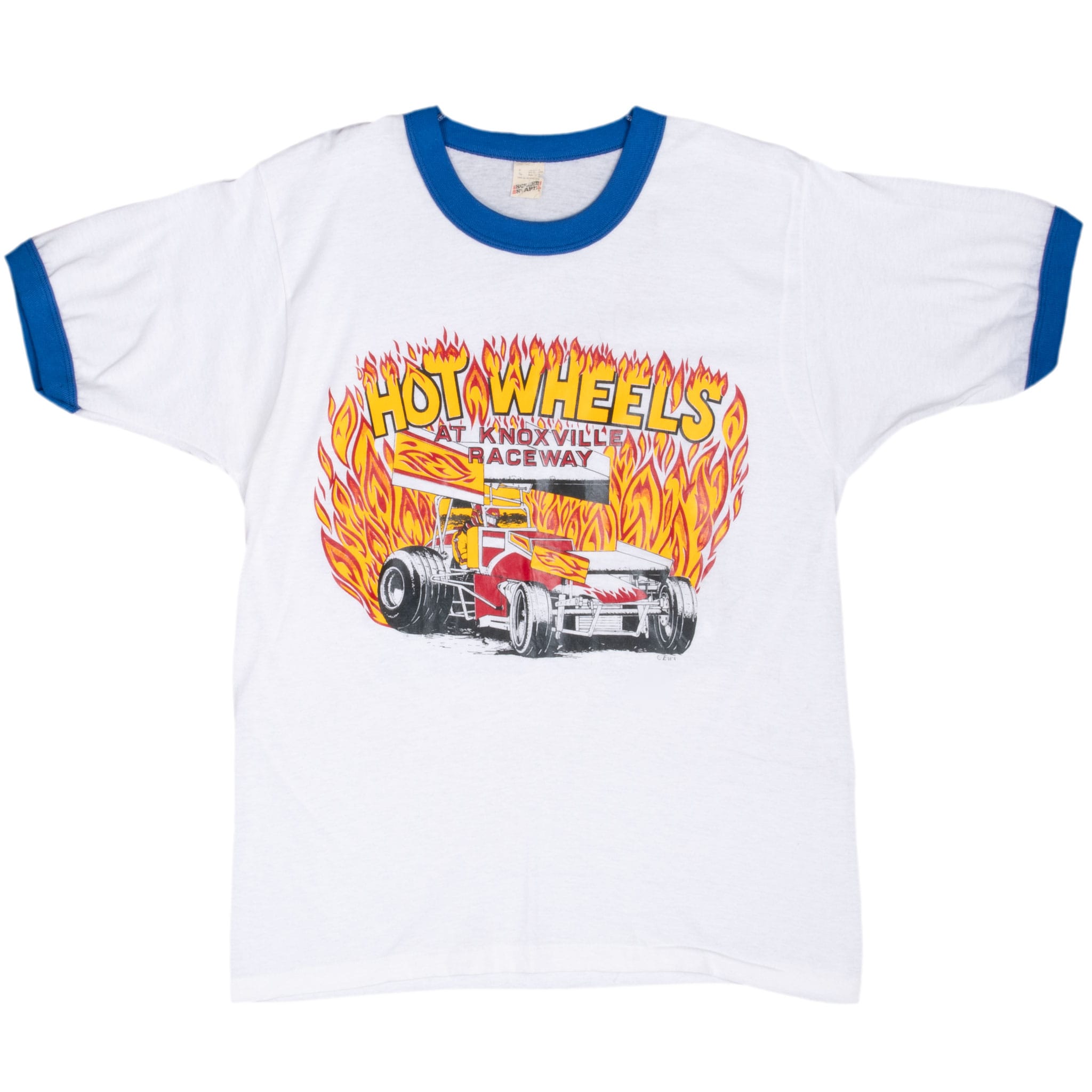 Front of white Knoxville Raceway Hot Wheels T-shirt with blue ringer trim and fiery sprint car graphic