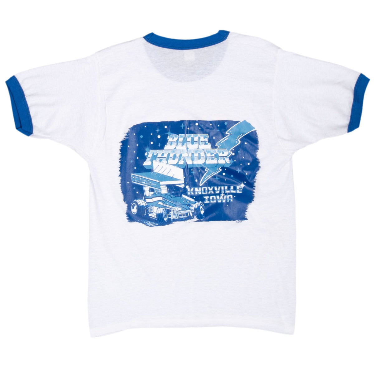 Back of white Knoxville Raceway T-shirt with blue trim and Blue Thunder sprint car graphic