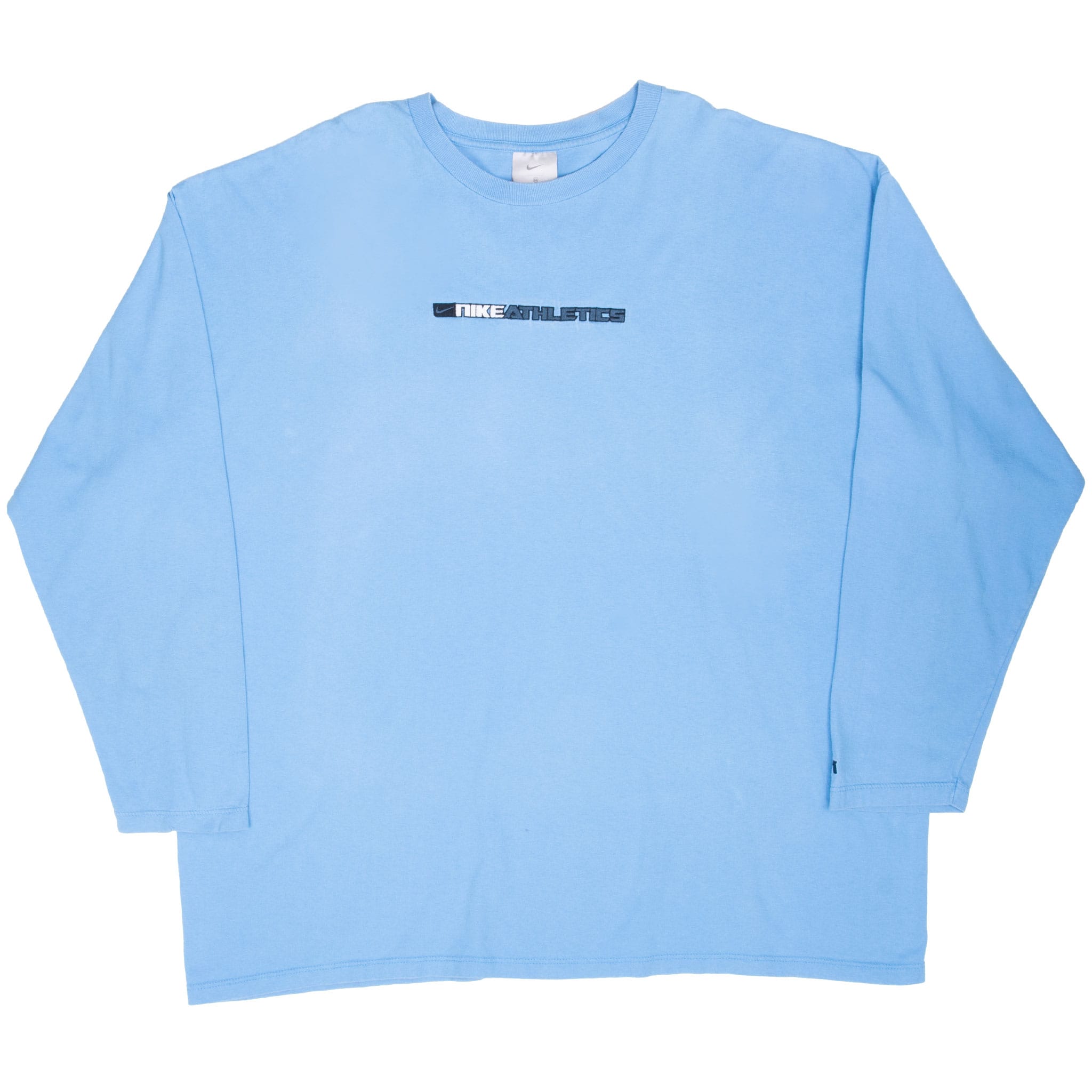 Full front view of blue Nike long-sleeve T-shirt with Nike Athletics chest logo