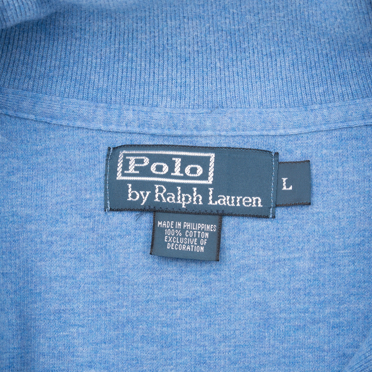 Polo by Ralph Lauren neck label and large size tag inside blue sweater