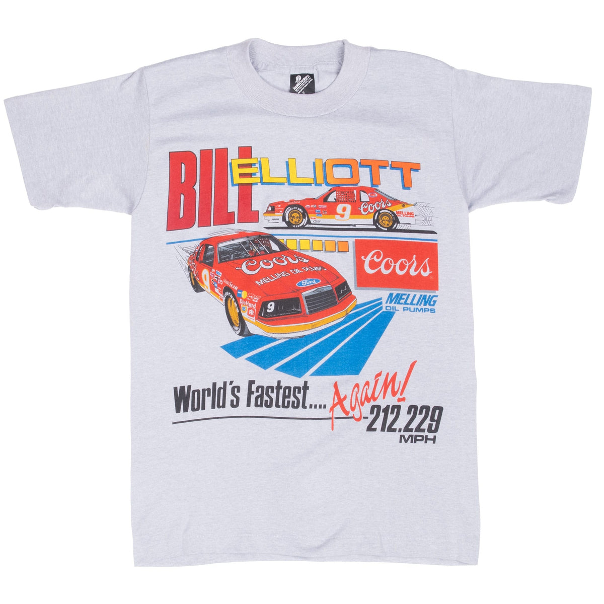 Full front of gray Bill Elliott NASCAR T-shirt with multicolor racing graphic