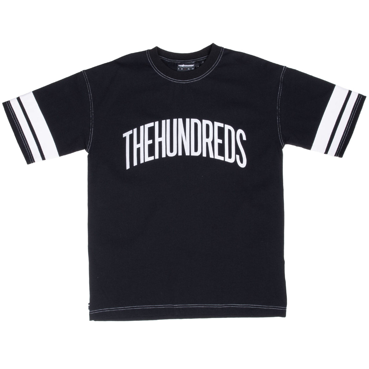 Front of black The Hundreds T-shirt with white chest graphic, striped sleeves, and contrast stitching