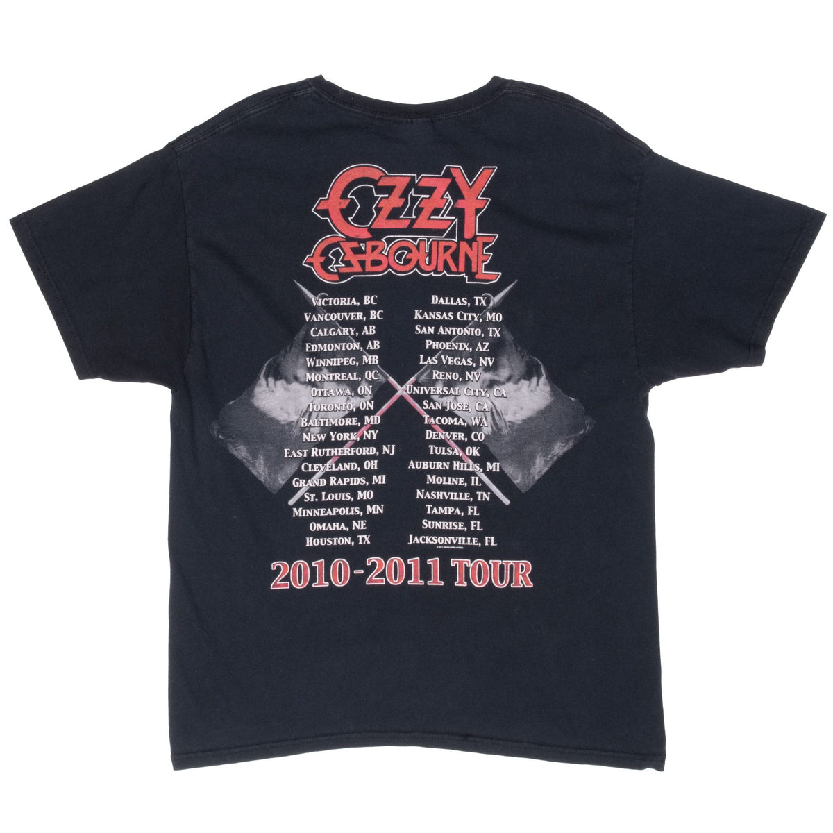 Back of black Ozzy Osbourne T-shirt with crossed flags, tour cities and 2010–2011 Tour print