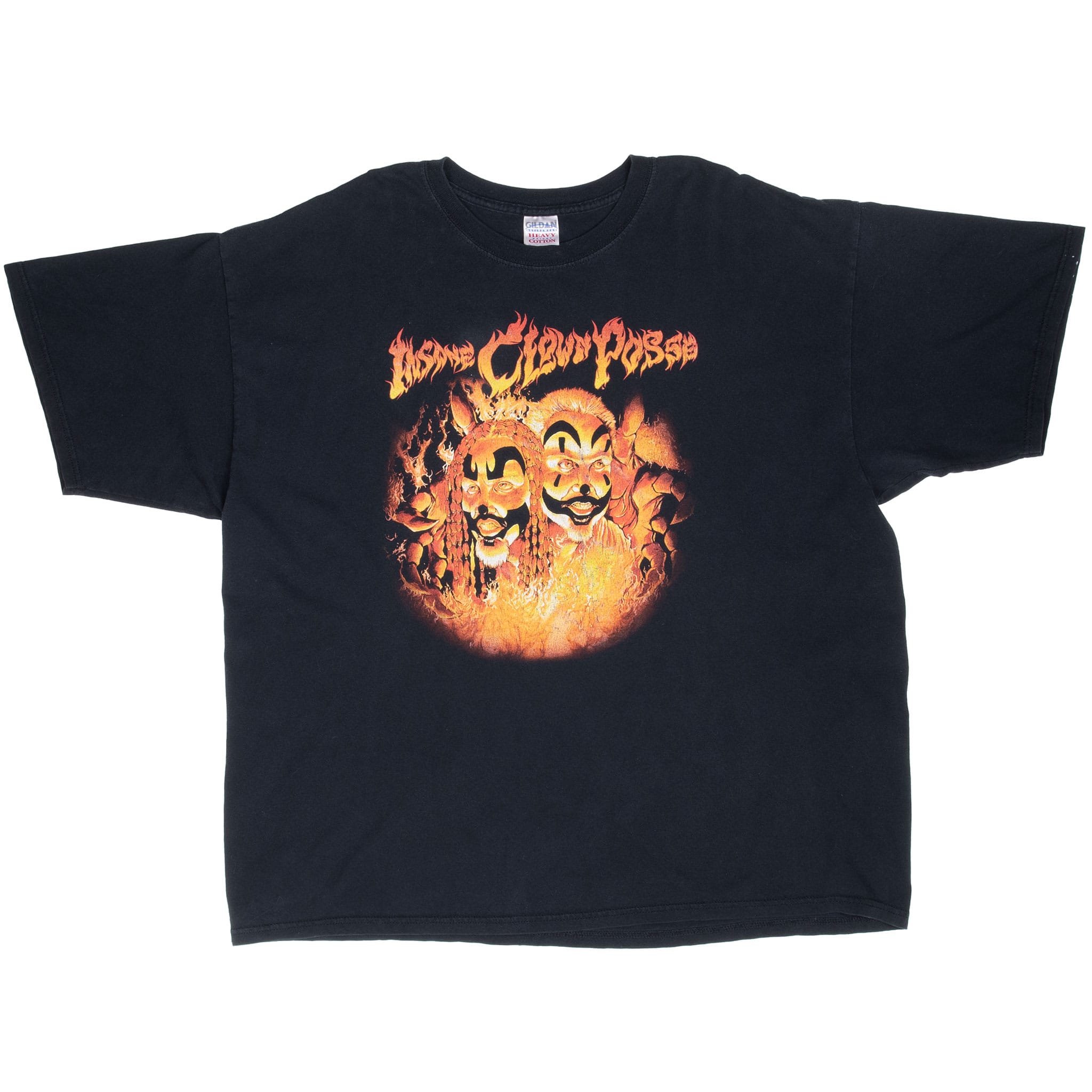 Full front view of black Insane Clown Posse short-sleeve T-shirt with flame graphic