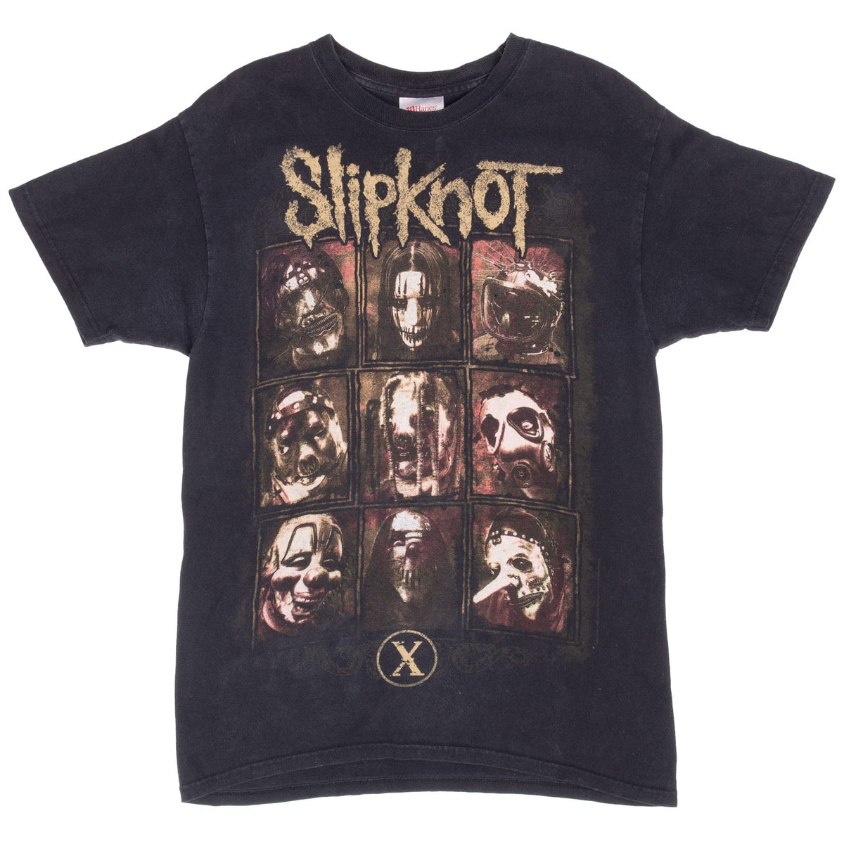 Full front view of black Slipknot T-shirt with nine-panel masked portrait graphic