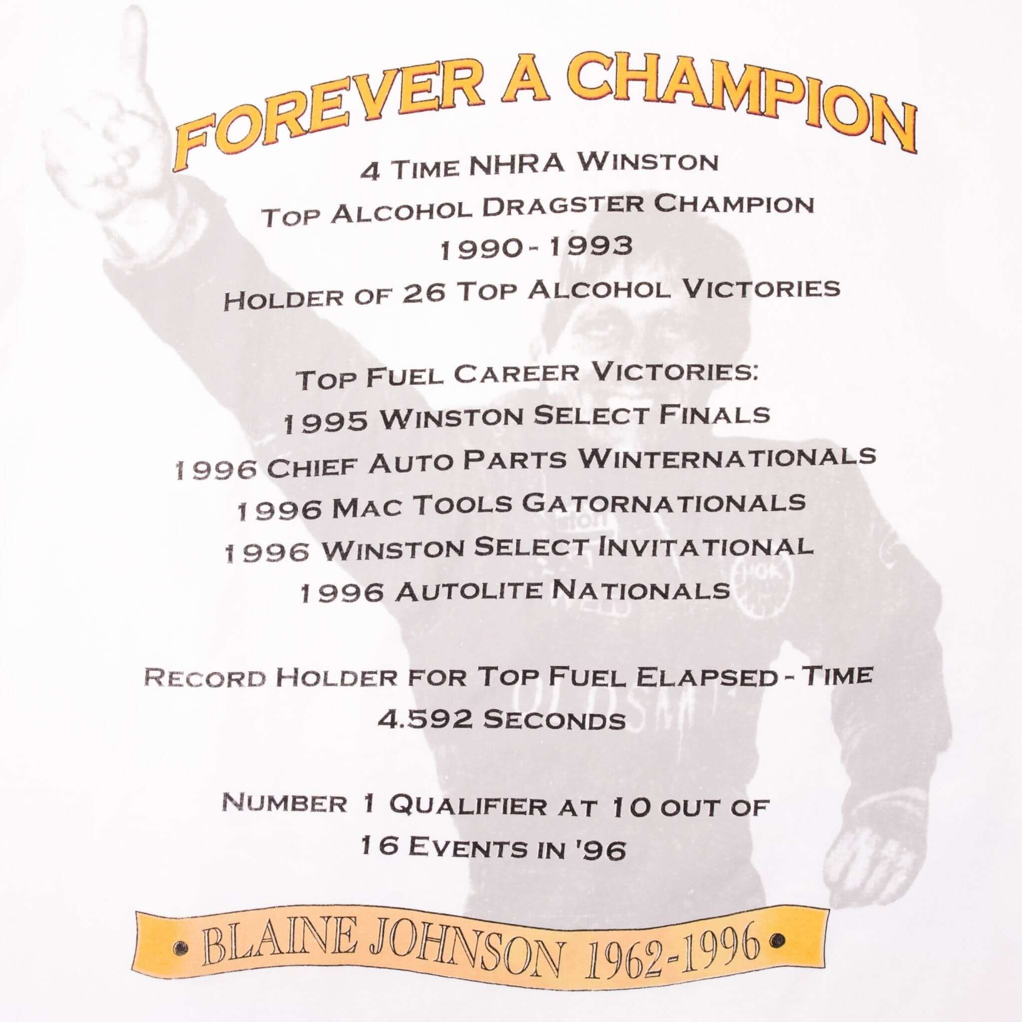 Vintage Racing NHRA Blaine Johnson 1962-1996 1990s Tee Shirt Size XL Made In USA