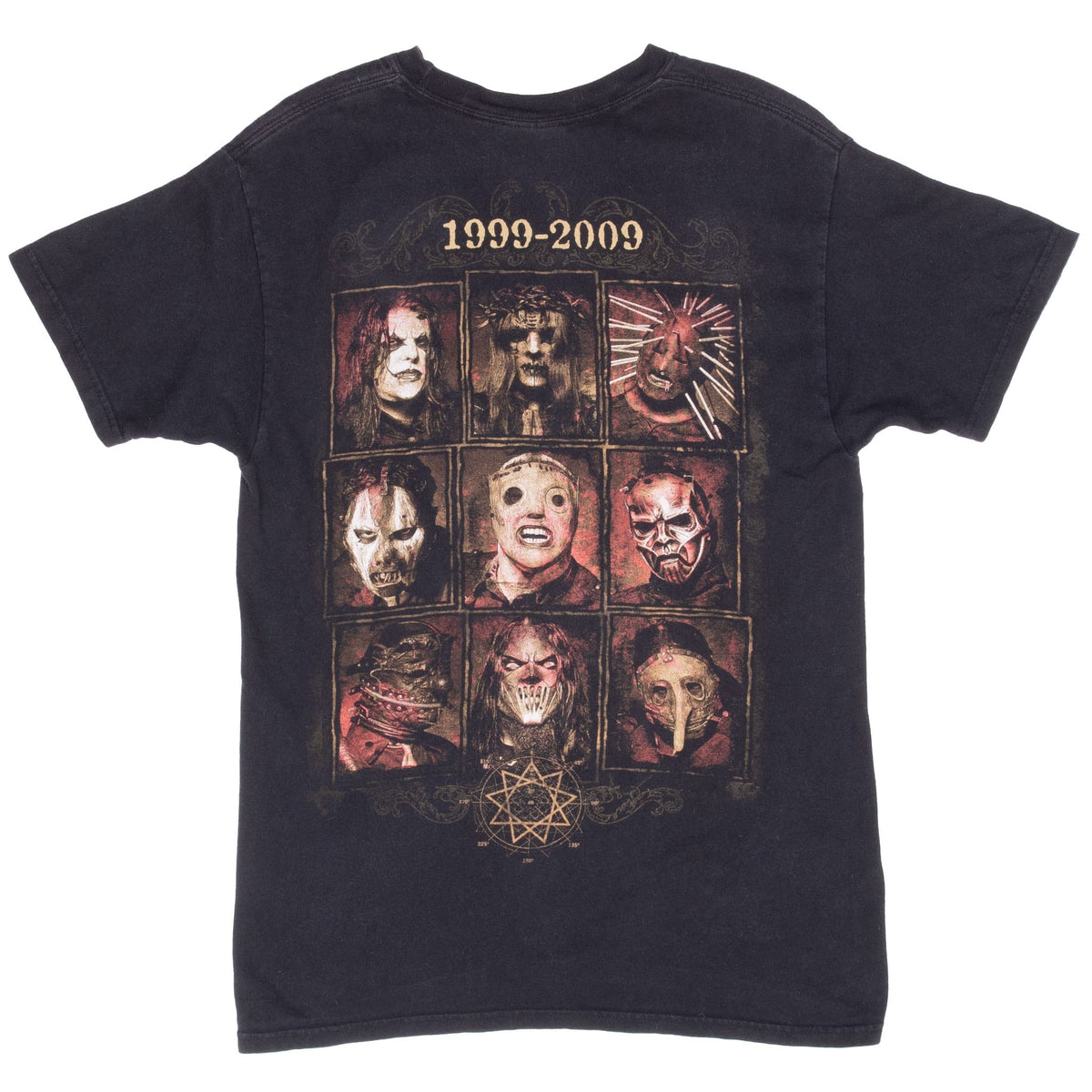 Back of black Slipknot T-shirt with 1999–2009, nine masked portraits and geometric emblem