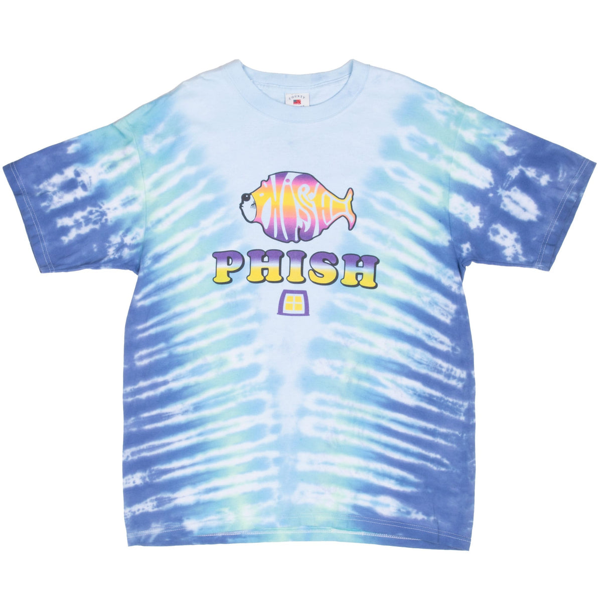 Front of blue and aqua tie-dye Phish T-shirt with colorful fish graphic