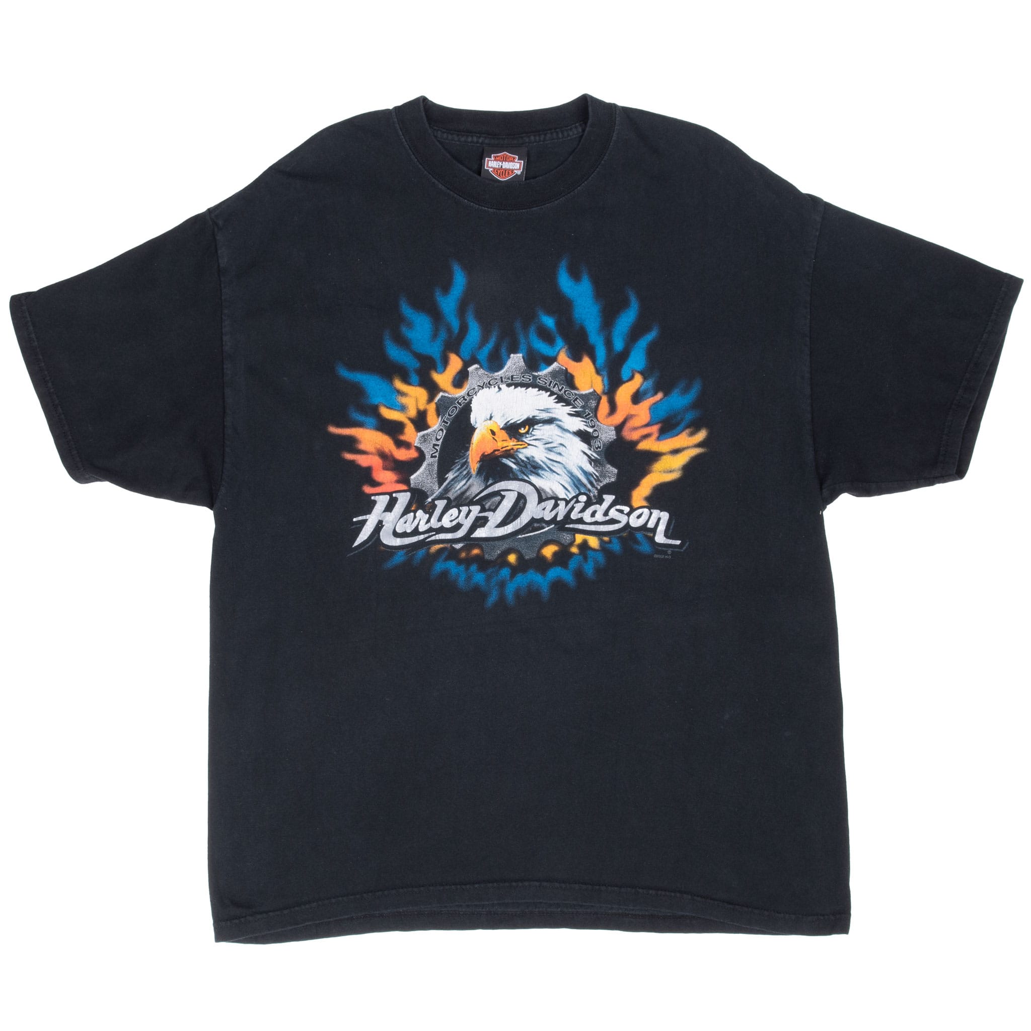 Full front view of black Harley-Davidson T-shirt with bald eagle and flame graphic