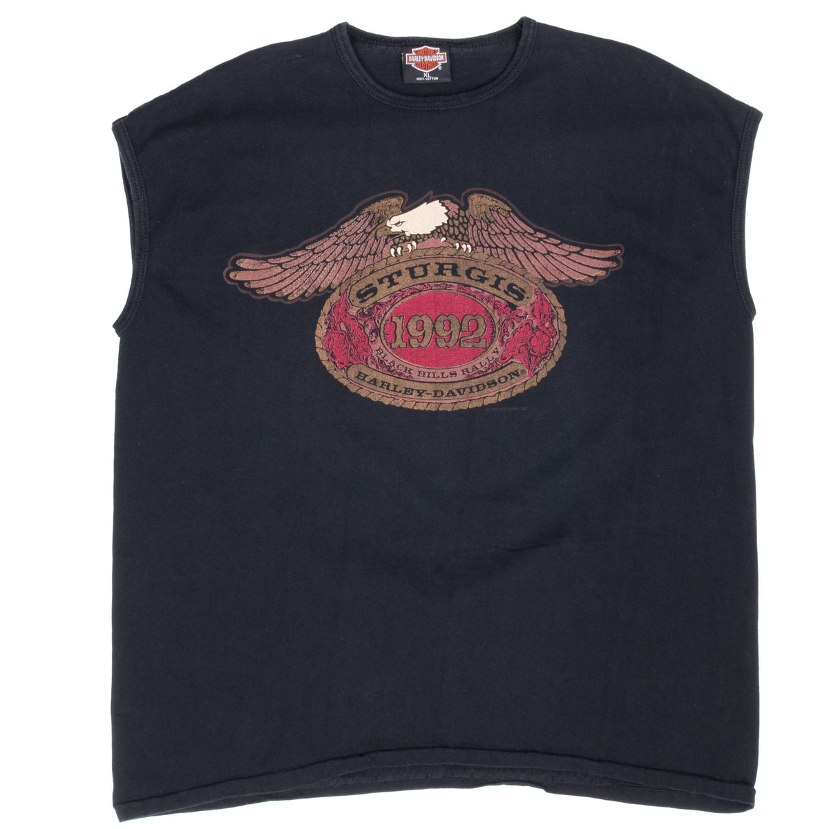 Full front of black Harley-Davidson tank top with Sturgis 1992 Black Hills Rally eagle graphic
