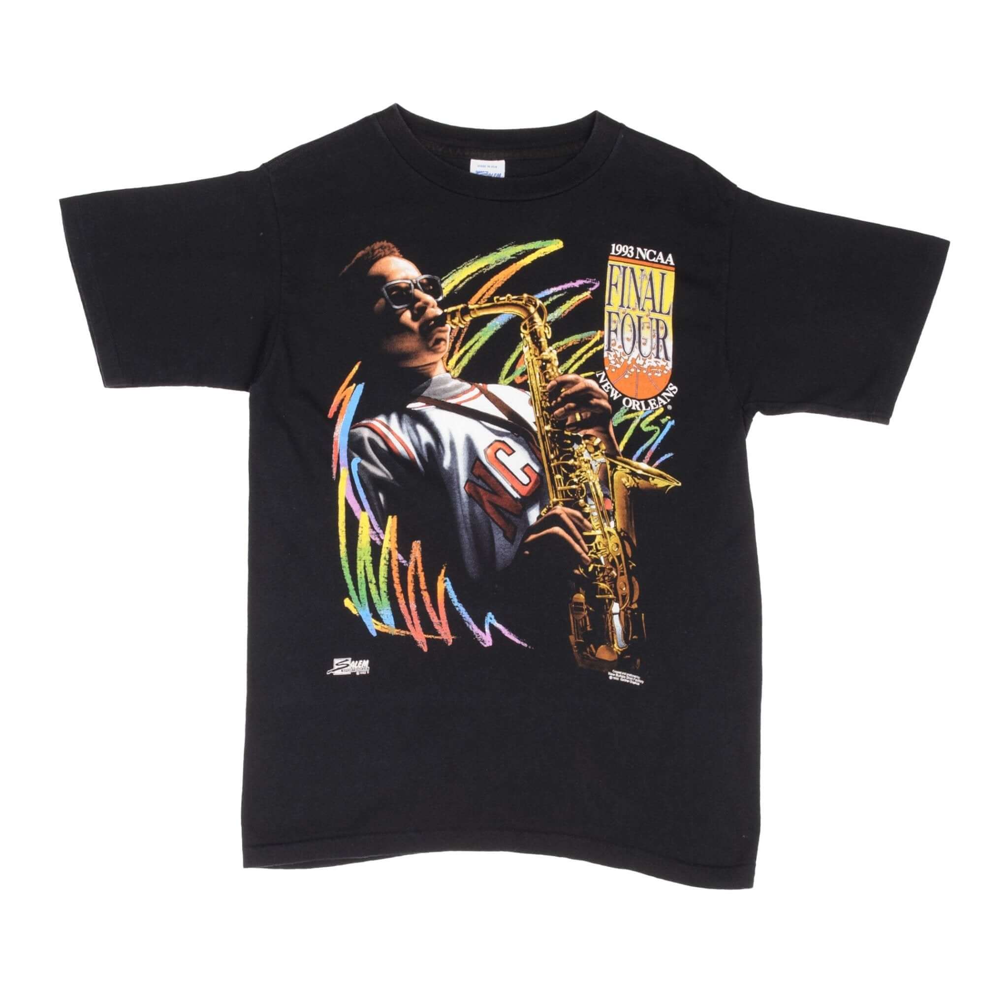 Full front view of black 1993 NCAA Final Four New Orleans graphic T-shirt