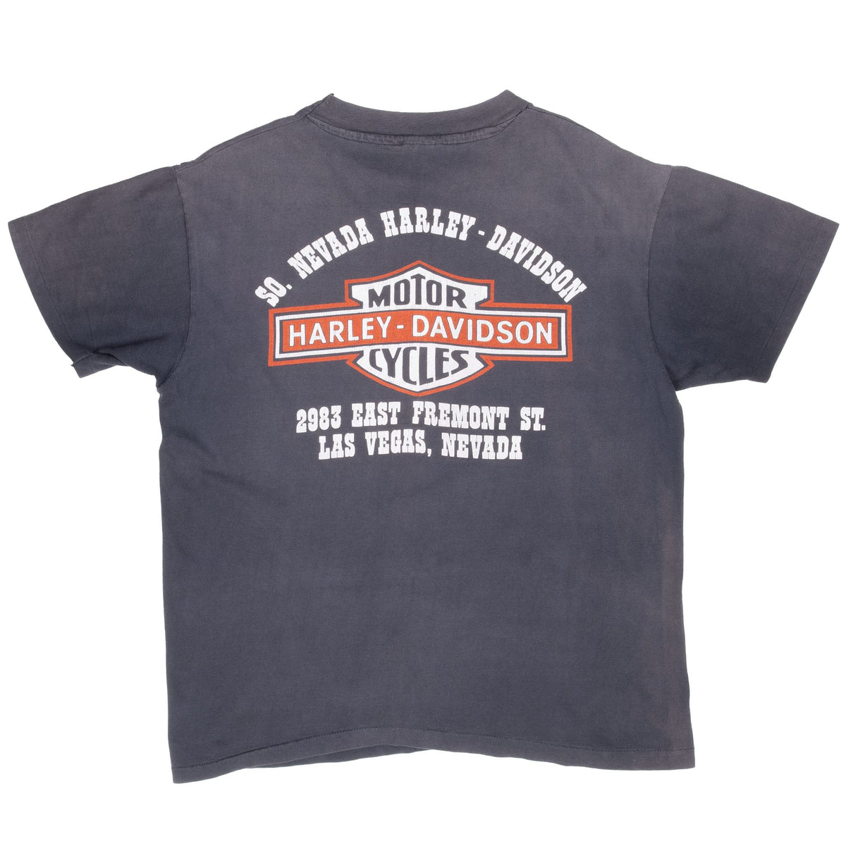 Back of dark gray Harley-Davidson T-shirt with shield logo and Las Vegas dealership print