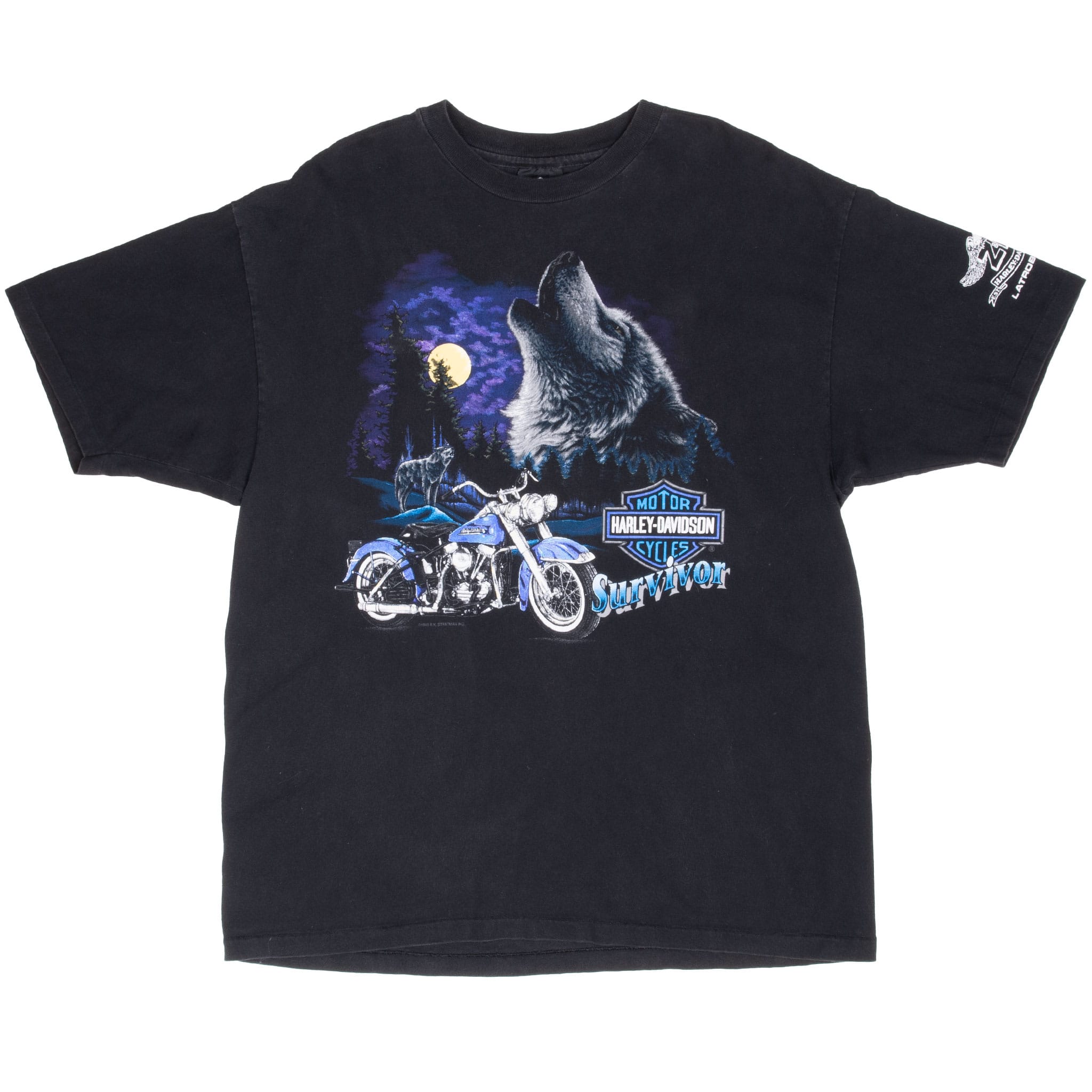 Full front of black Harley-Davidson T-shirt with motorcycle, wolves and moonlit Survivor graphic