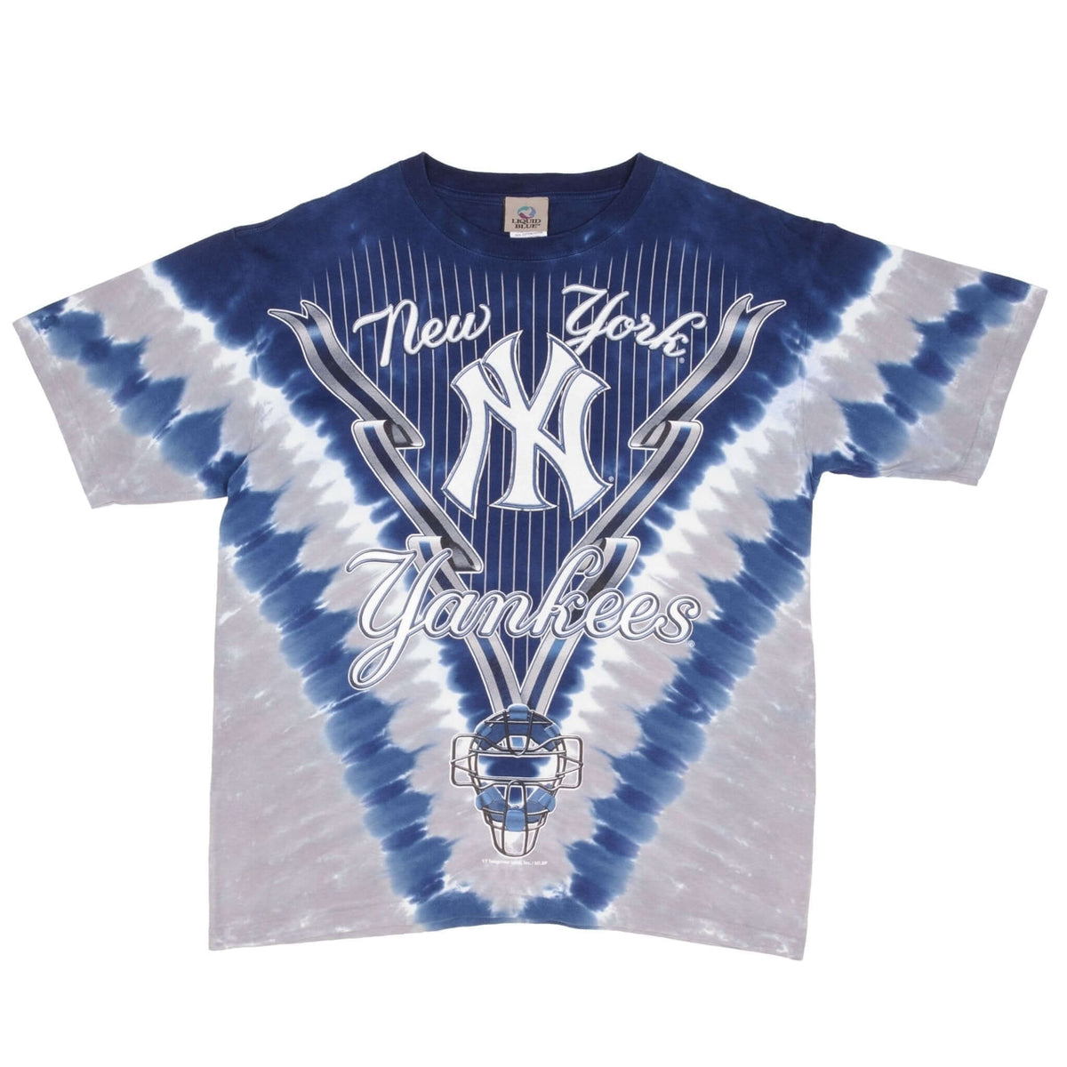 Front of Liquid Blue New York Yankees blue and gray tie-dye graphic T-shirt