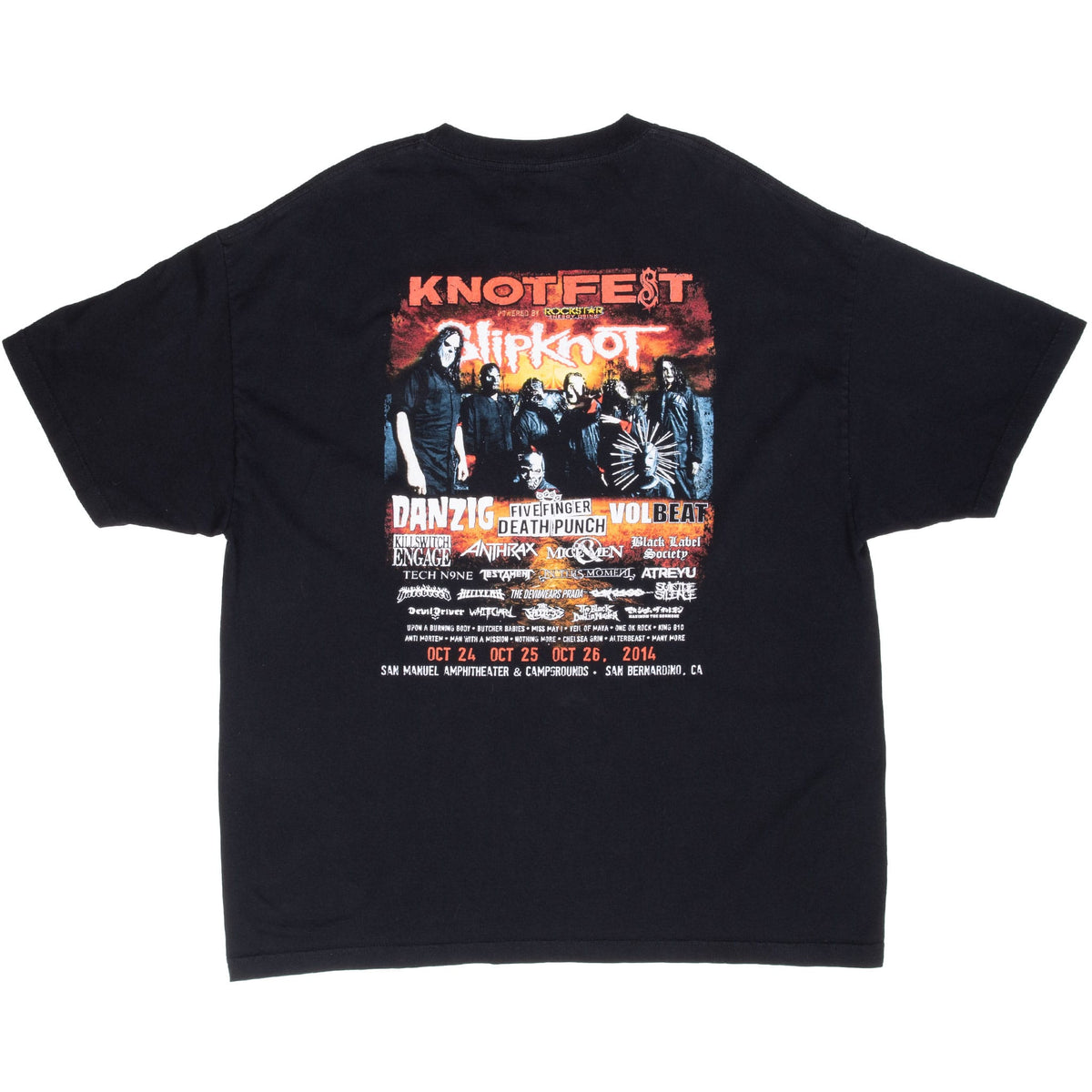 Back of black Slipknot Knotfest 2014 T-shirt with multicolor festival lineup print