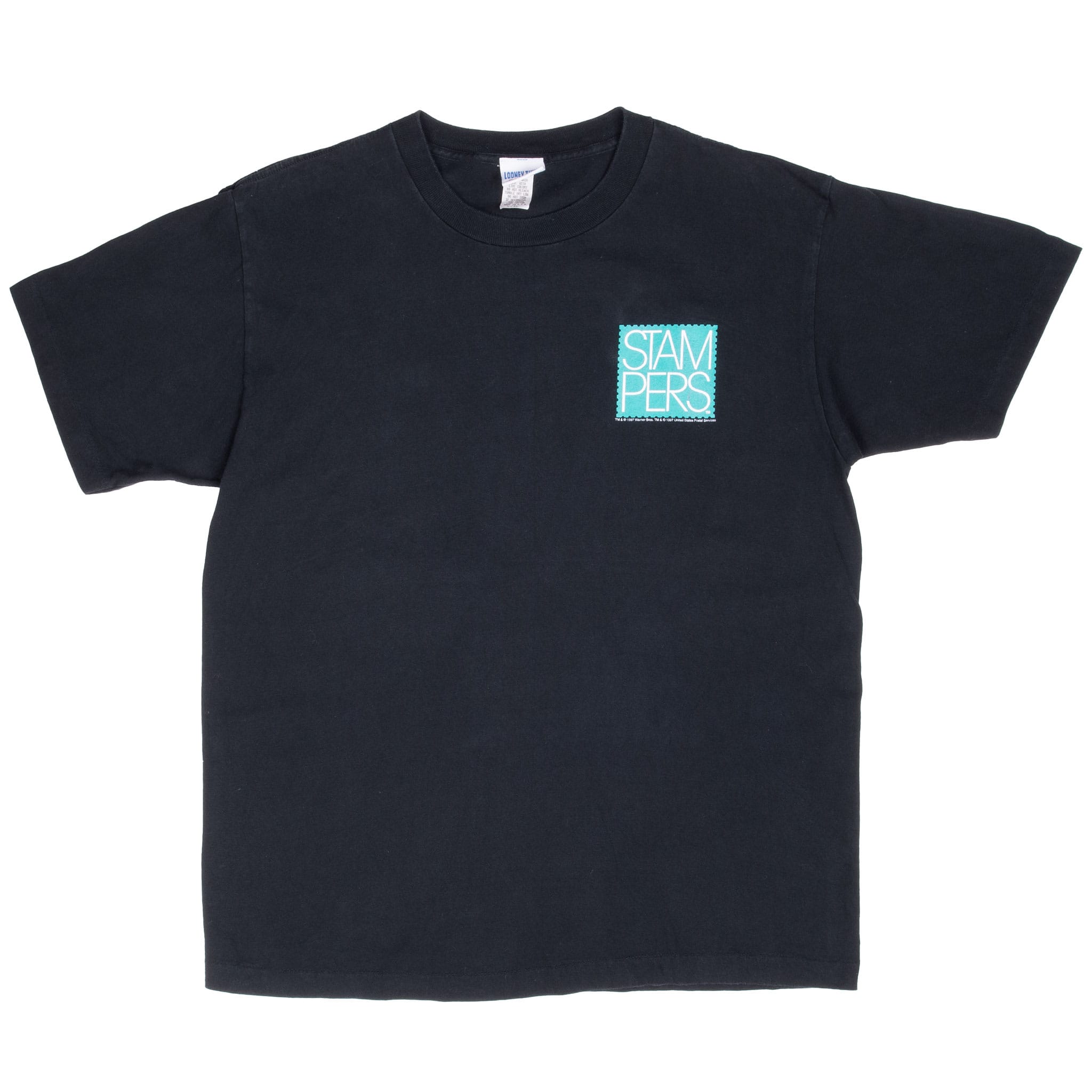Front of black Looney Tunes T-shirt with turquoise Stampers logo on left chest