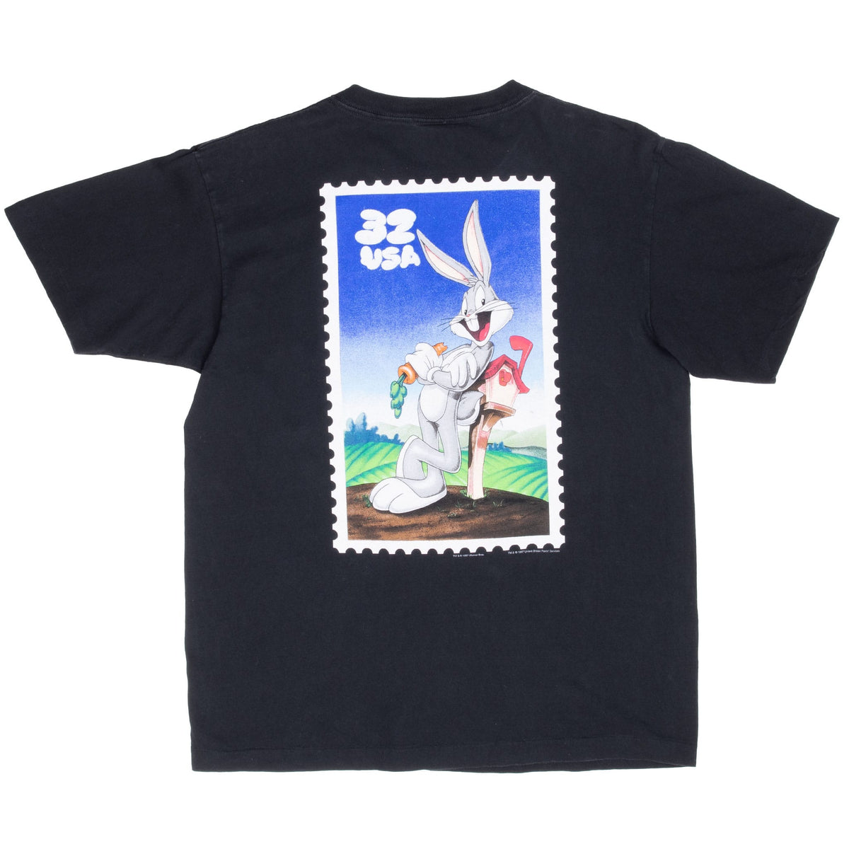 Full back view of black T-shirt with Bugs Bunny mailbox postage stamp graphic