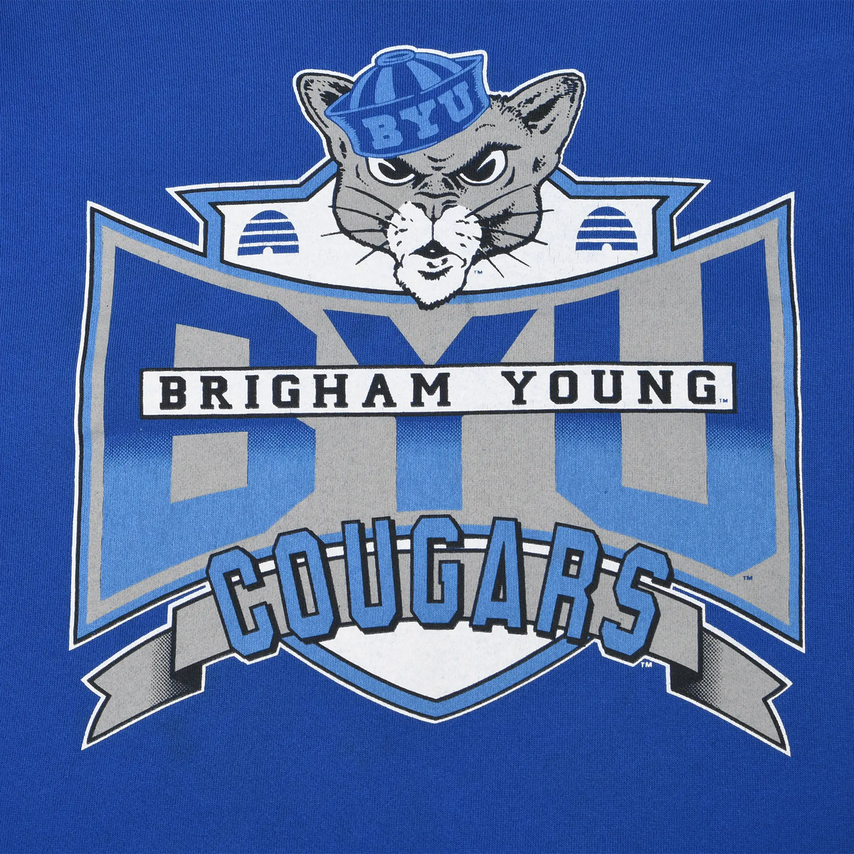Close-up of BYU Brigham Young Cougars mascot graphic on blue sweatshirt