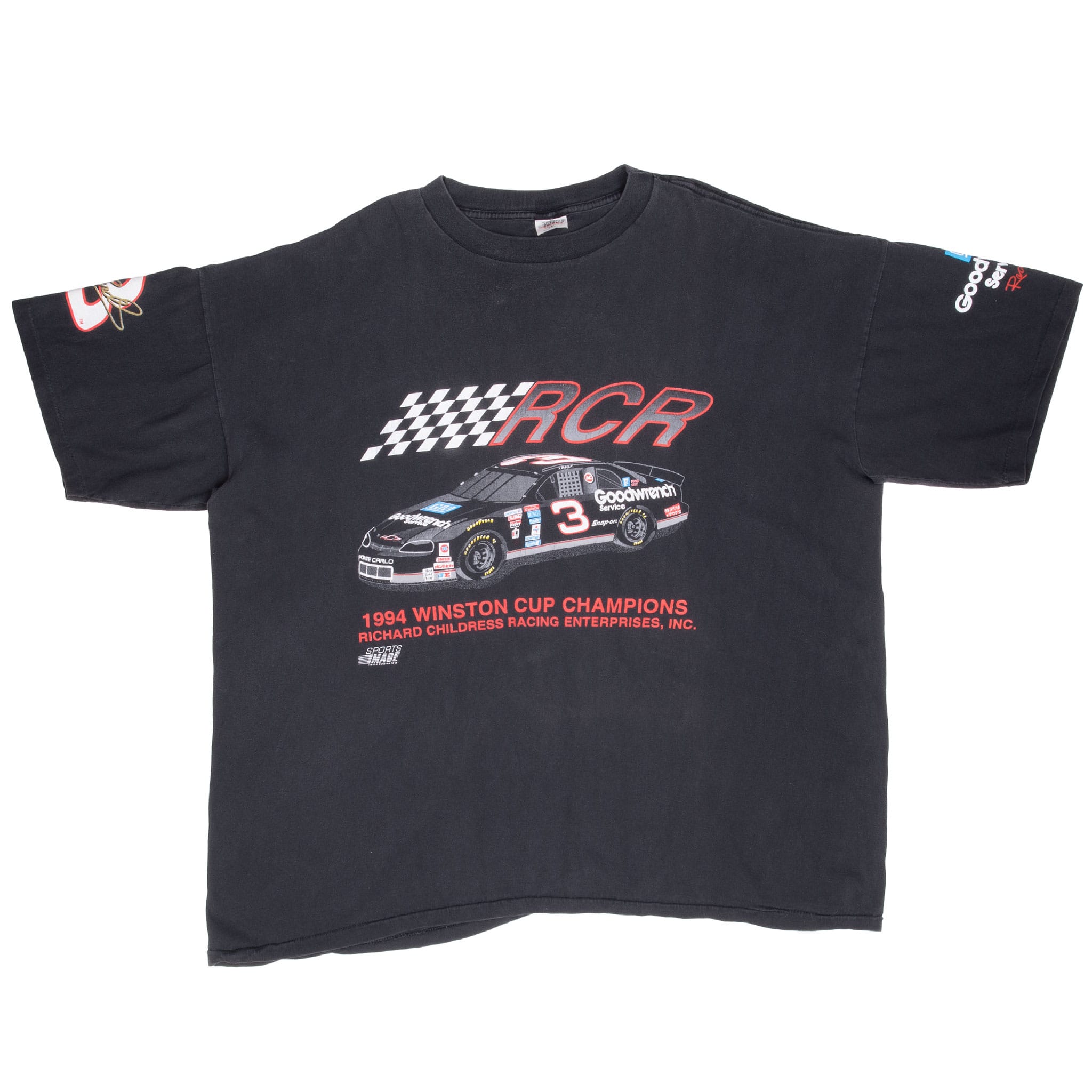 Front view of black Dale Earnhardt NASCAR T-shirt with RCR No. 3 race car graphic and sleeve prints