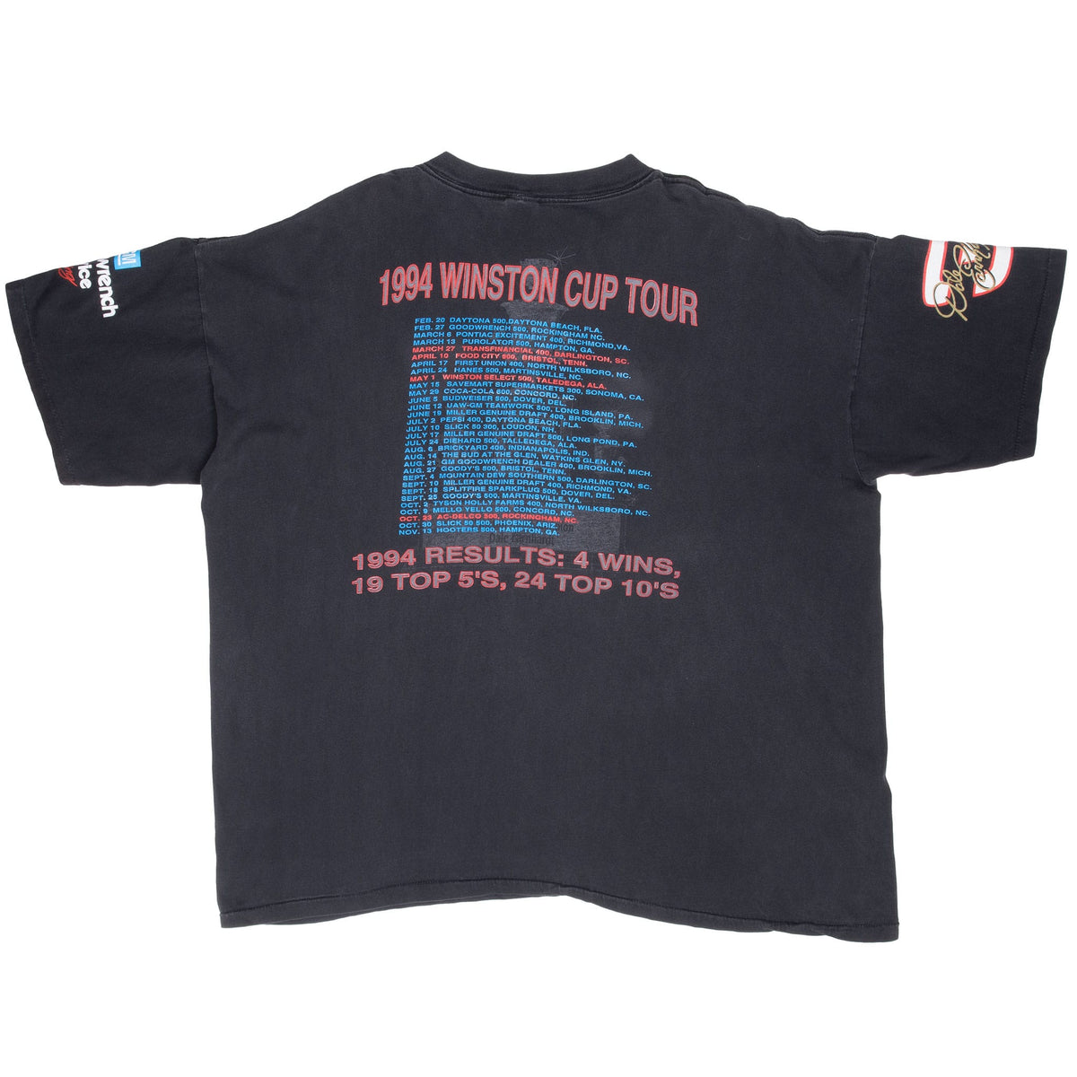 Back view of black Dale Earnhardt T-shirt with 1994 Winston Cup Tour schedule, results, and sleeve graphics