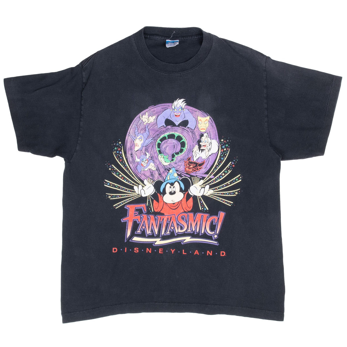 Full front of black Disney Fantasmic! T-shirt with Sorcerer Mickey and villains graphic