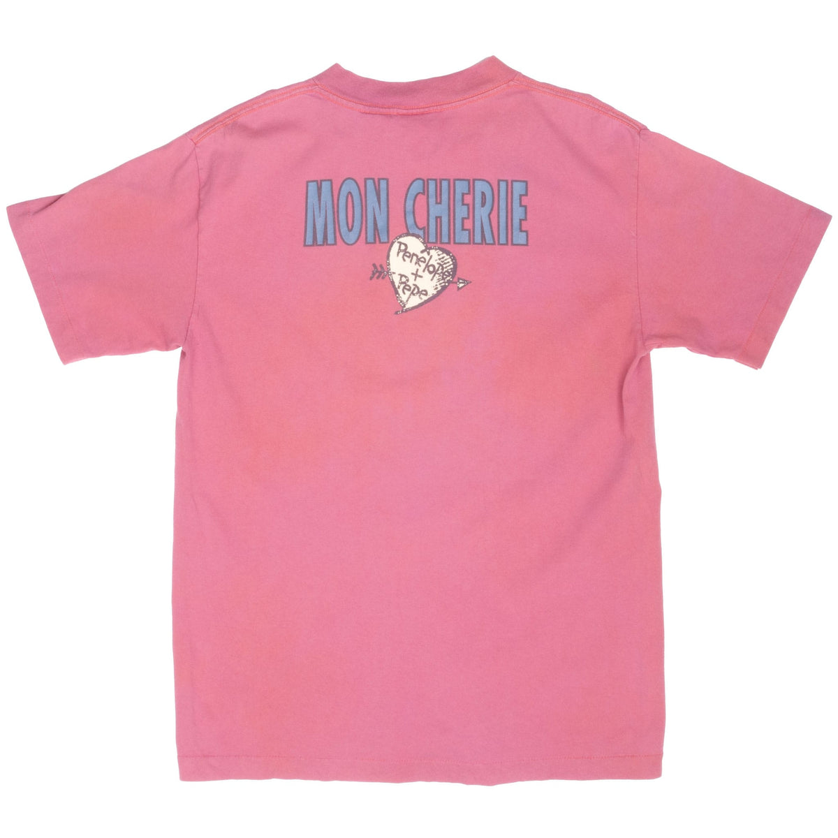 Back of pink T-shirt with Mon Cherie lettering and Penelope + Pepe heart graphic