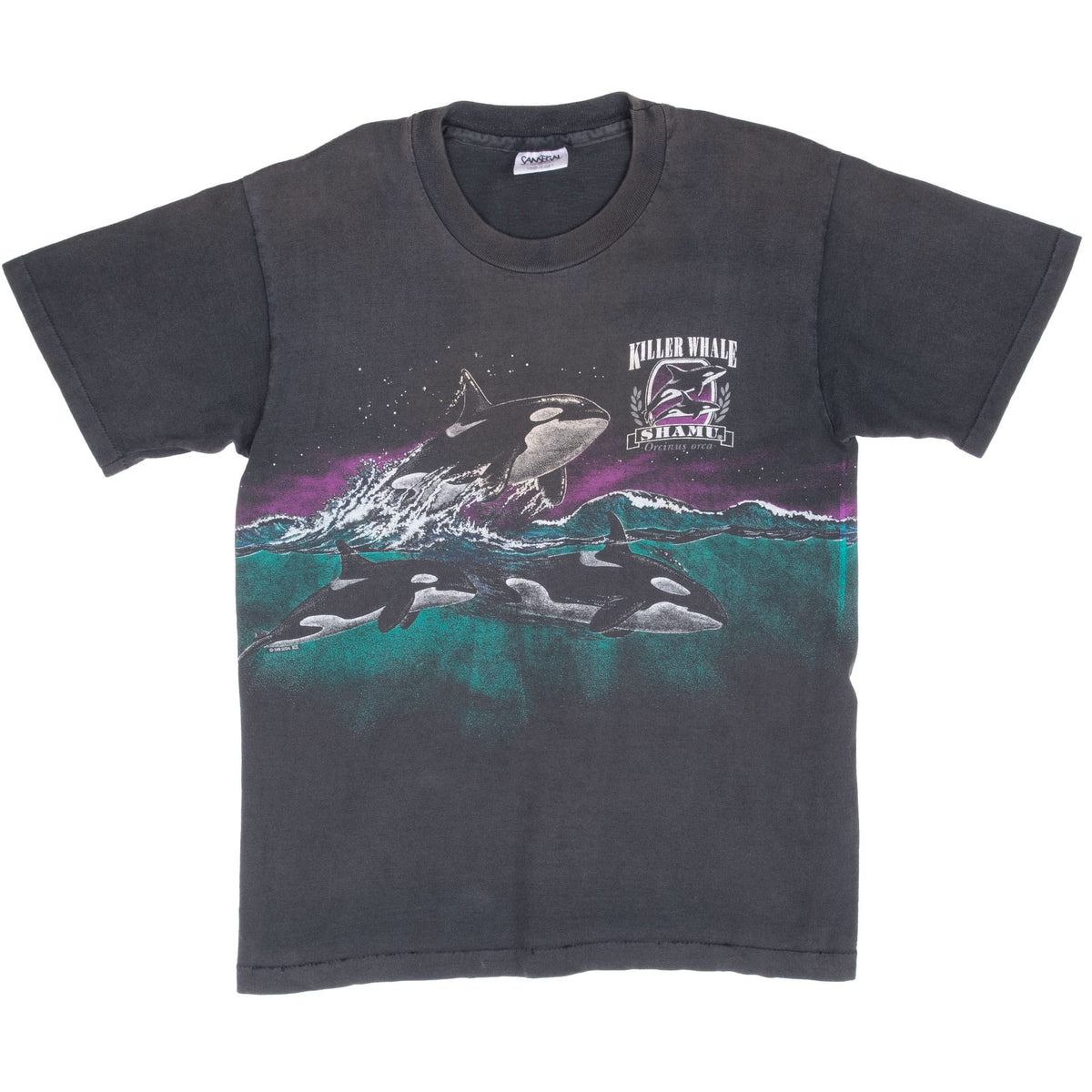 Front of black SeaWorld Shamu T-shirt with wraparound orca ocean graphic