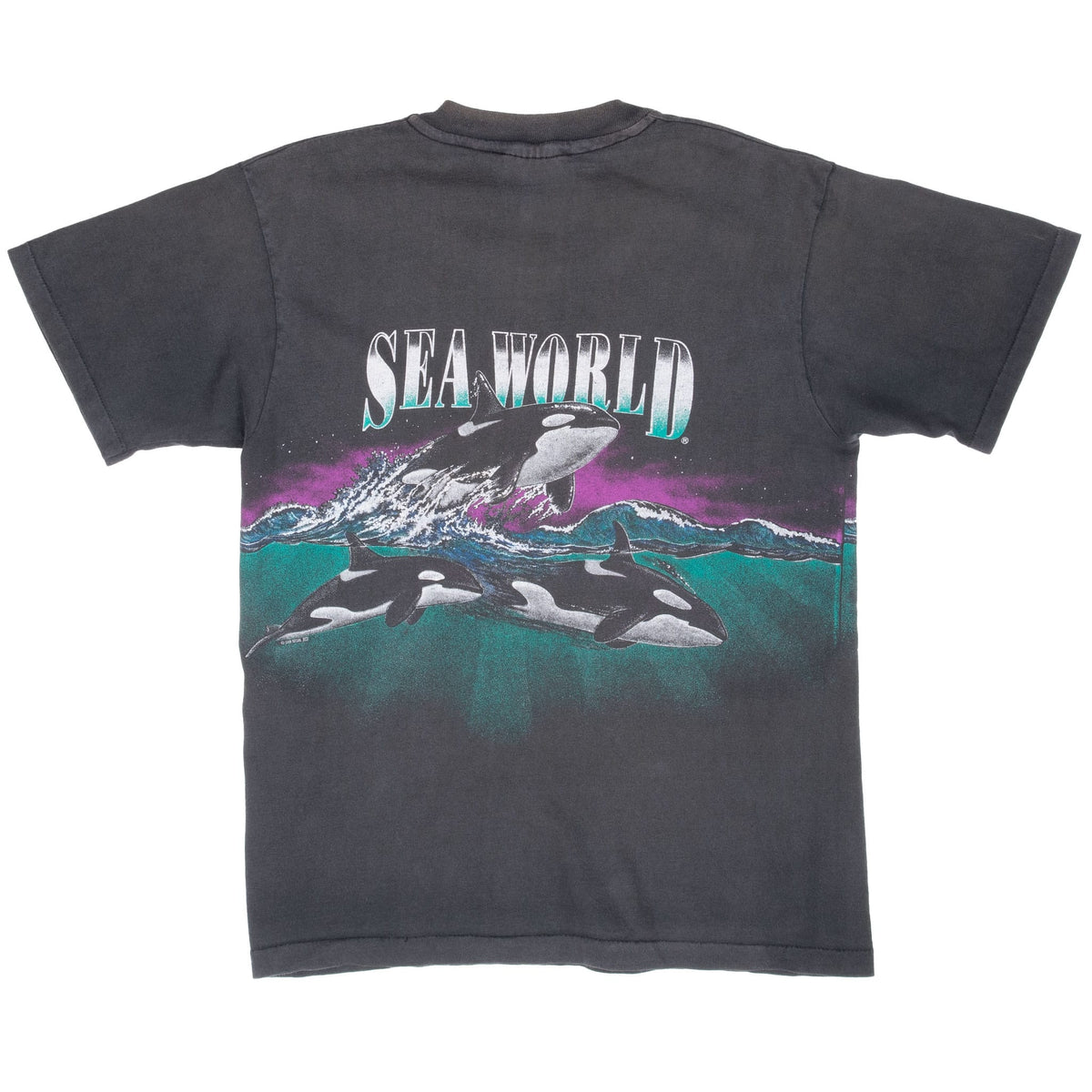Back of black SeaWorld T-shirt with large lettering and teal and purple orca ocean graphic