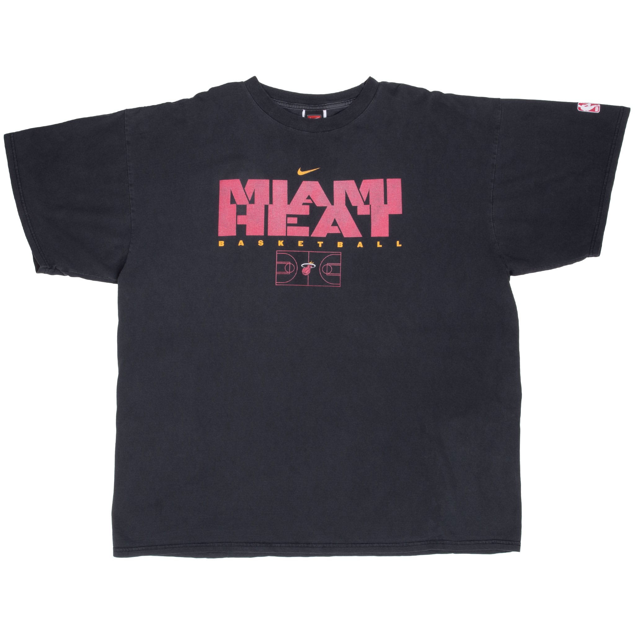 Full front of black Nike Miami Heat crewneck T-shirt with NBA sleeve patch