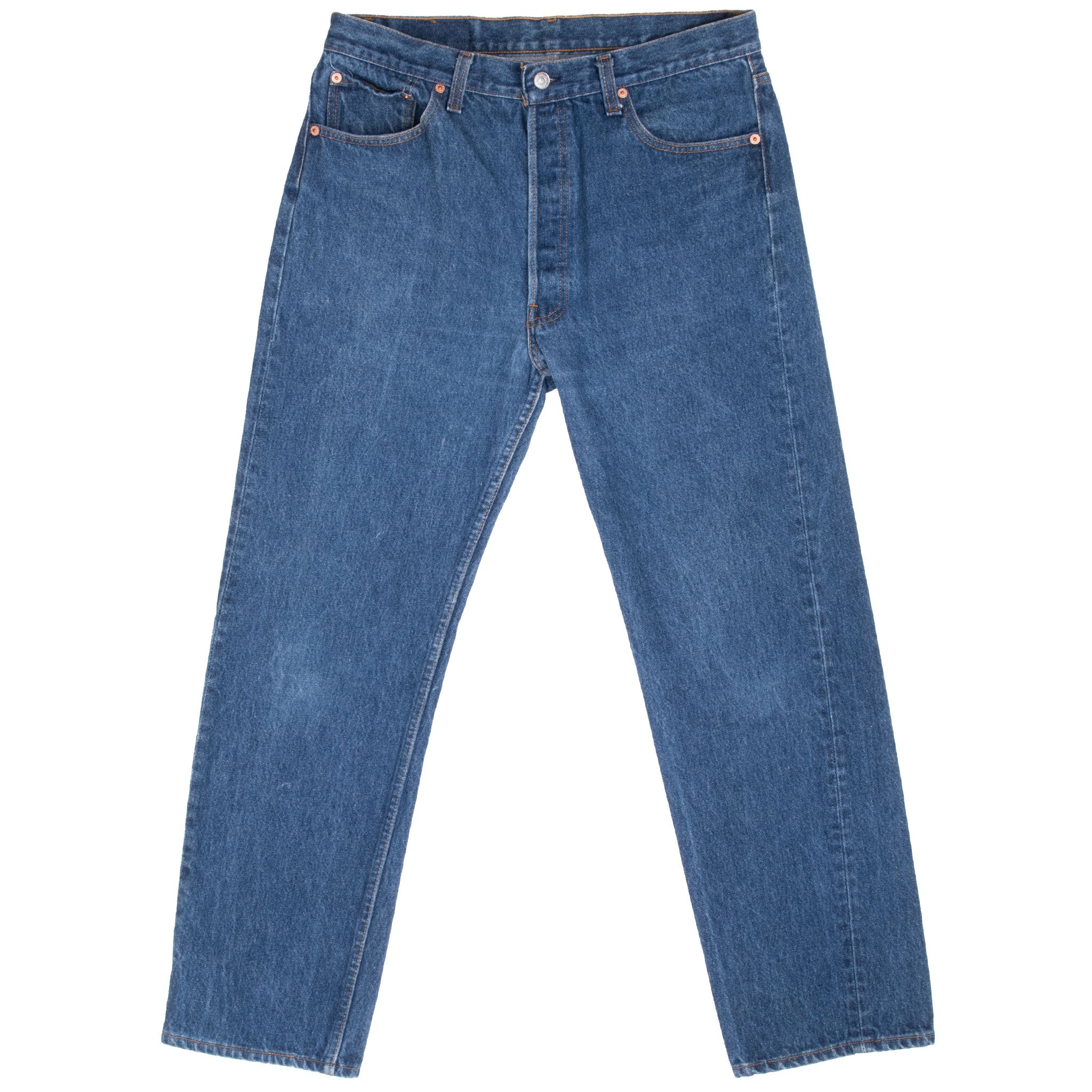Vintage Levis 501 Indigo Blue Jeans 1980S Size 34X29 Made In Usa With A Medium Wash
Size on Tag is 36X32 Actual Size Is 33X29
Back button #552