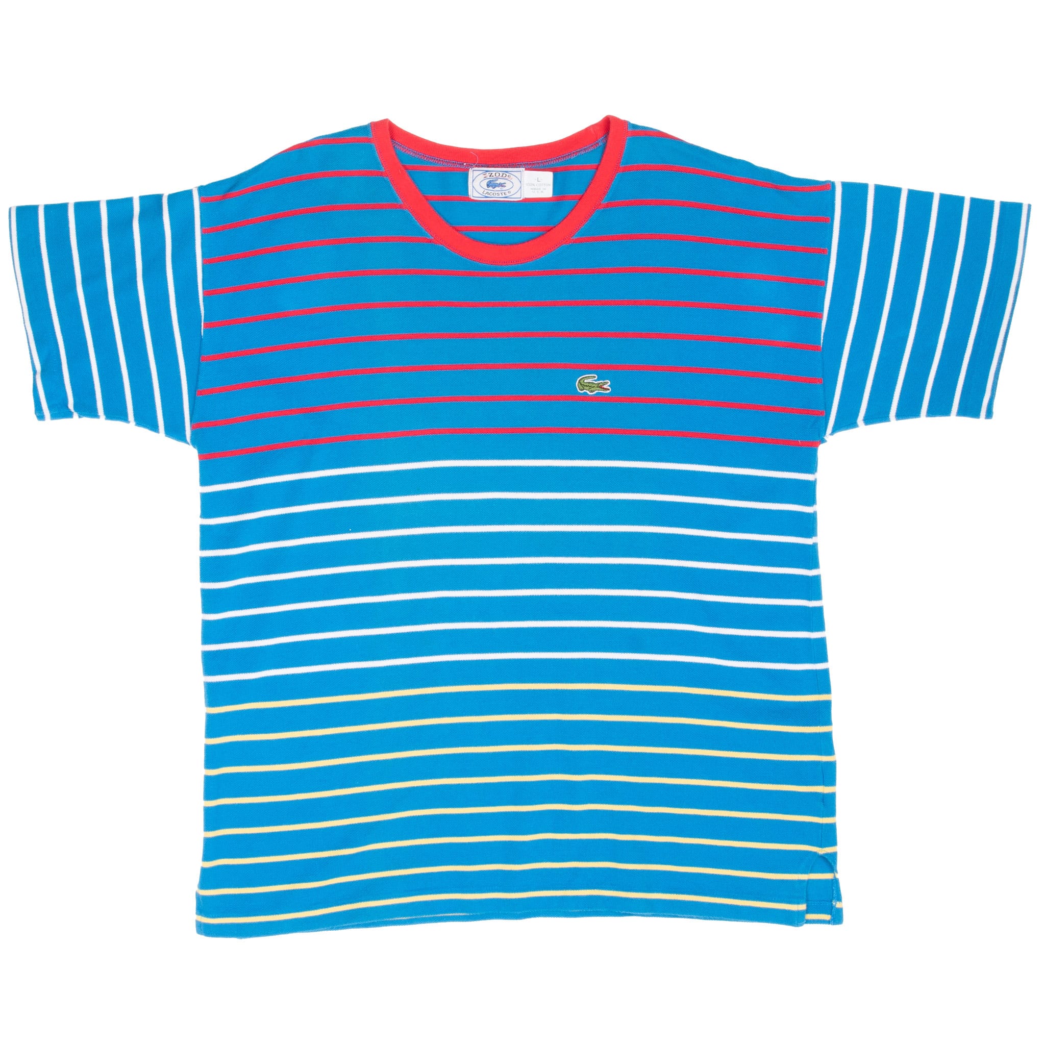 Front of blue IZOD Lacoste T-shirt with red, white, and yellow stripes and crocodile chest patch