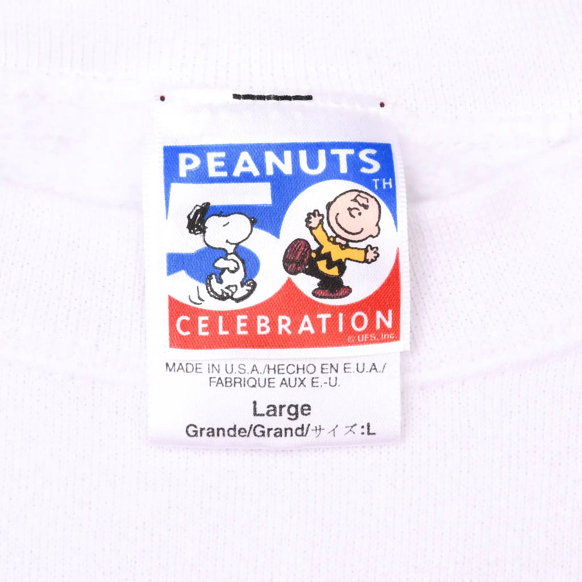 Peanuts 50 Celebration neck tag with Snoopy, Charlie Brown, Large size, and Made in USA text