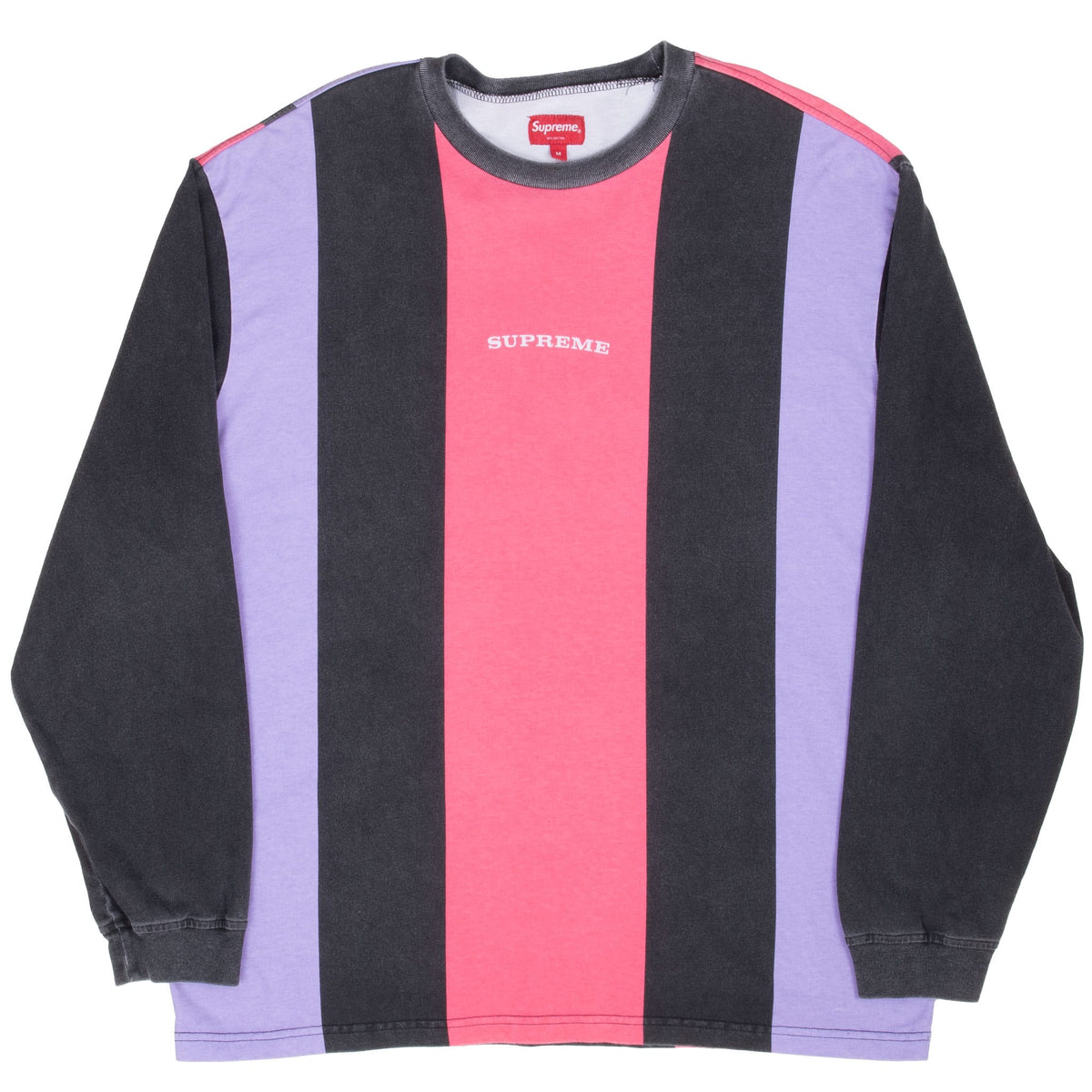 Front of striped Supreme long-sleeve T-shirt with small center chest wordmark